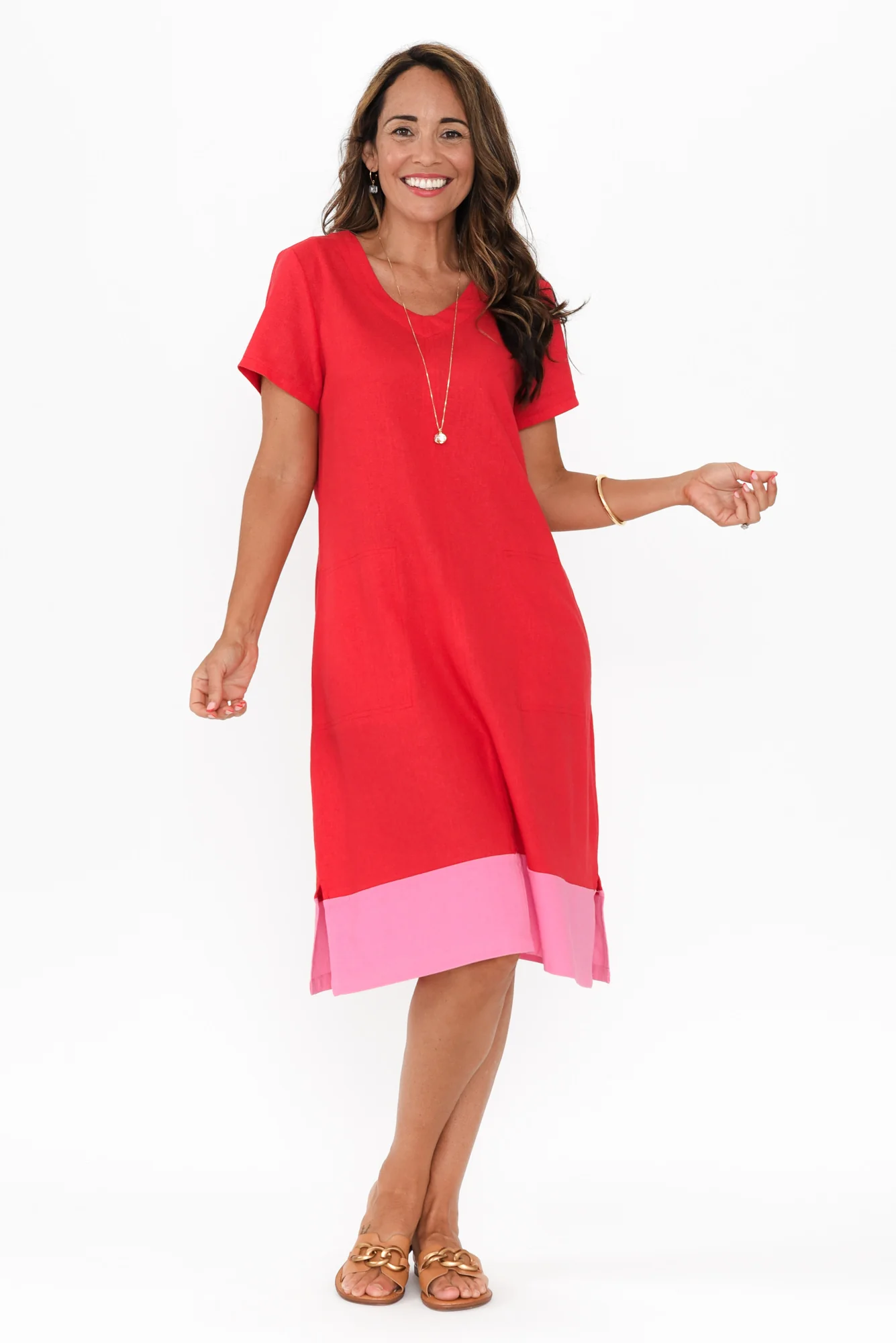 Elwood Red Splice Linen Blend Dress