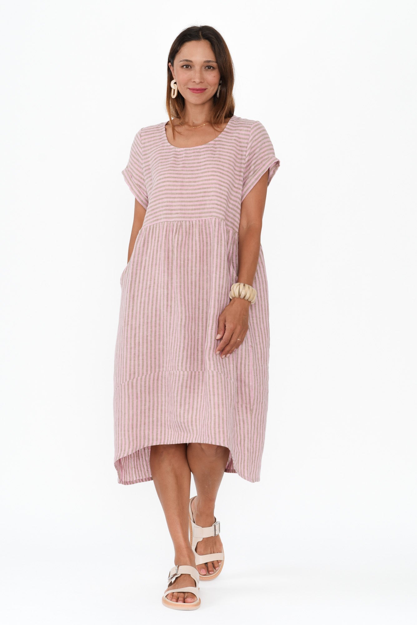 Liana Beige Stripe Linen Dress
