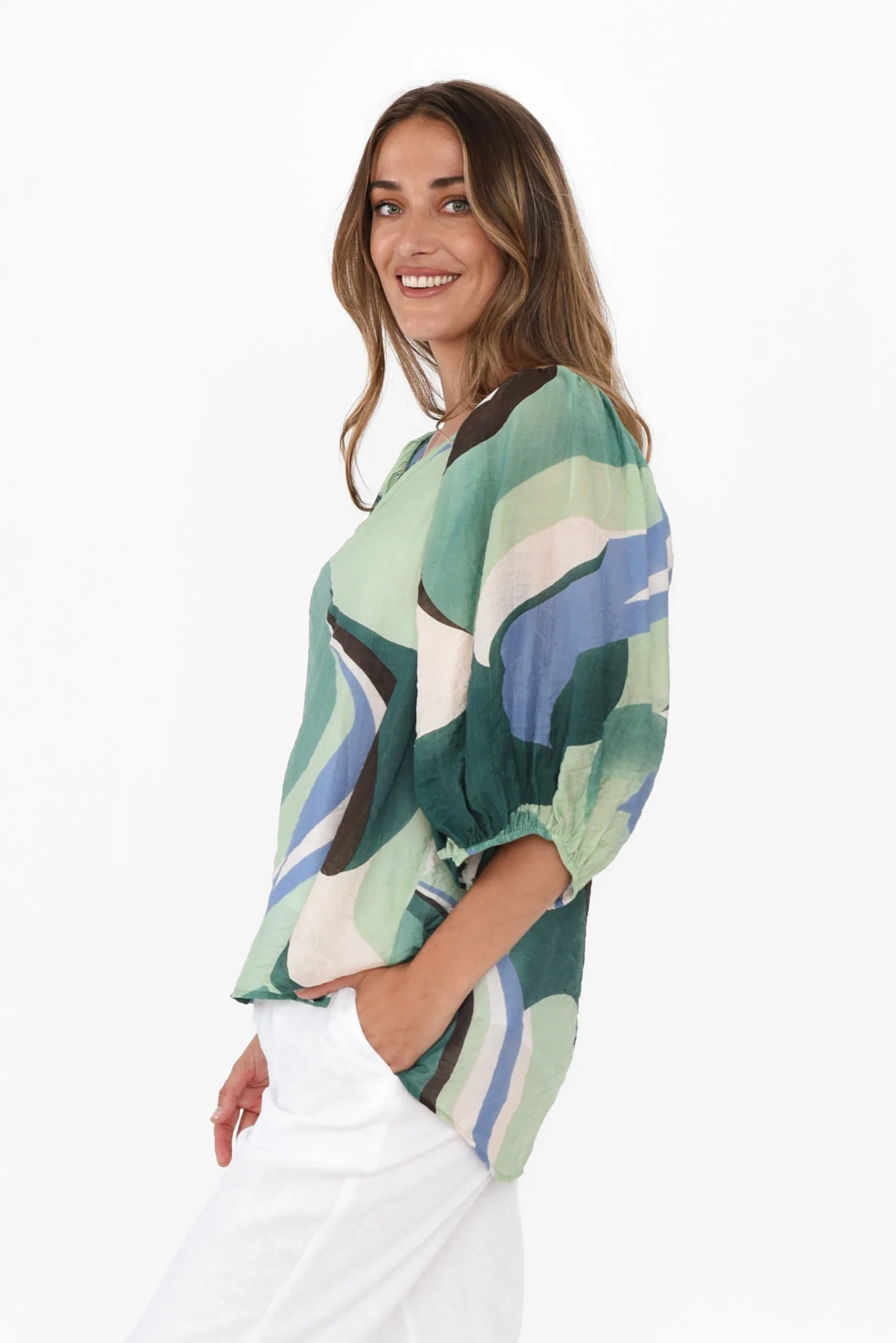 Misma Green Swirl V Neck Top