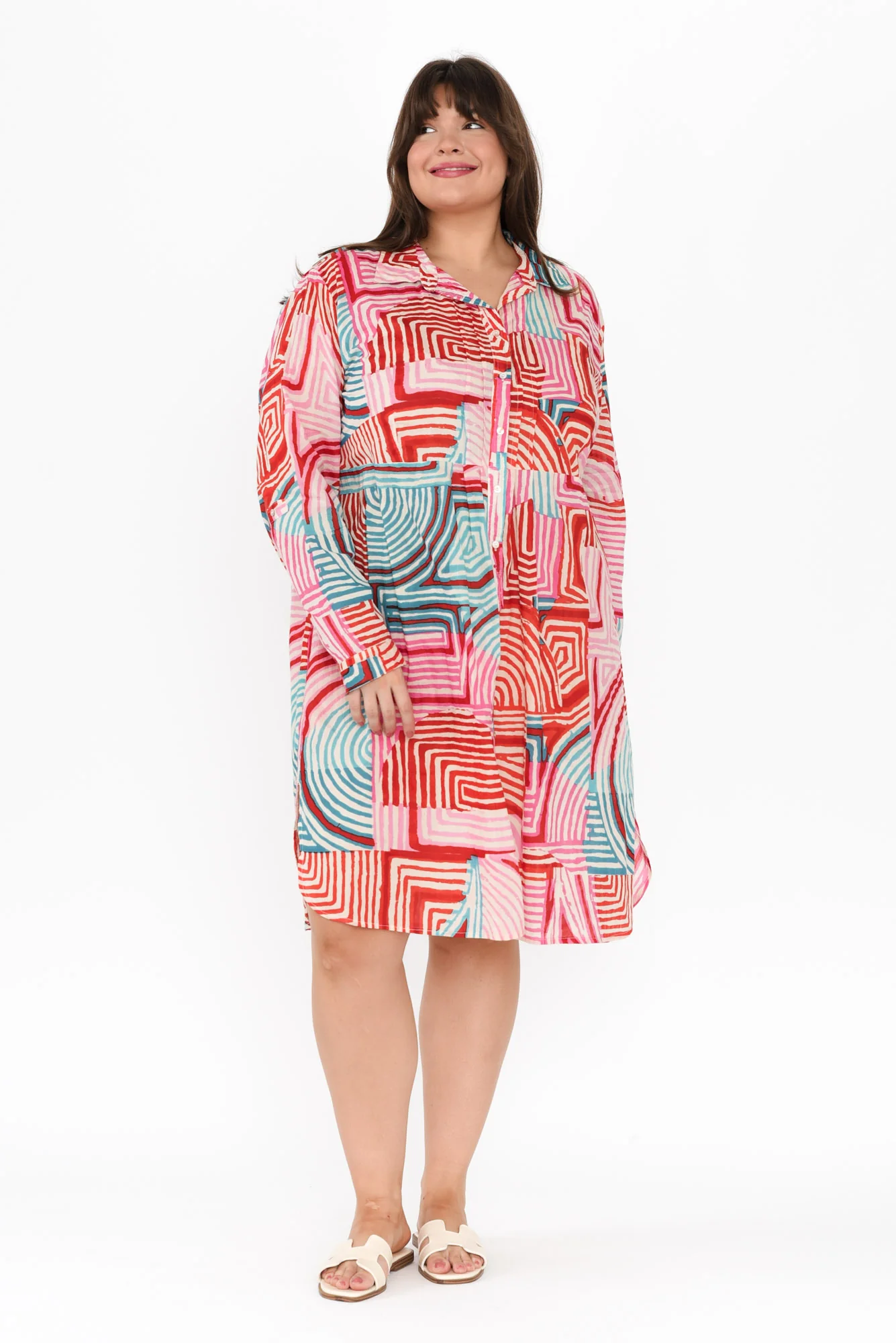 Maya Pink Geo Cotton Shirt Dress