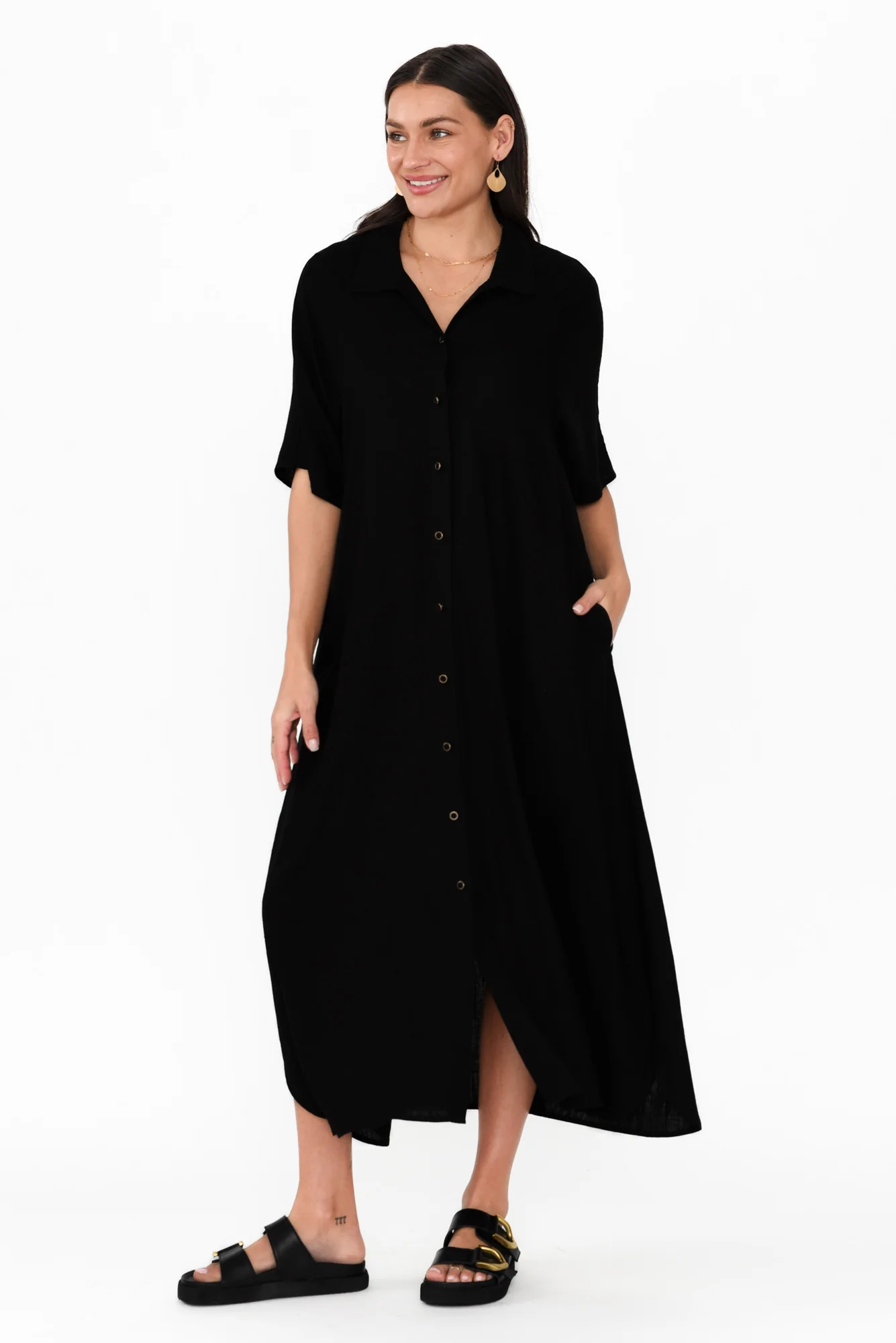 Statues Black Linen Blend Shirt Dress