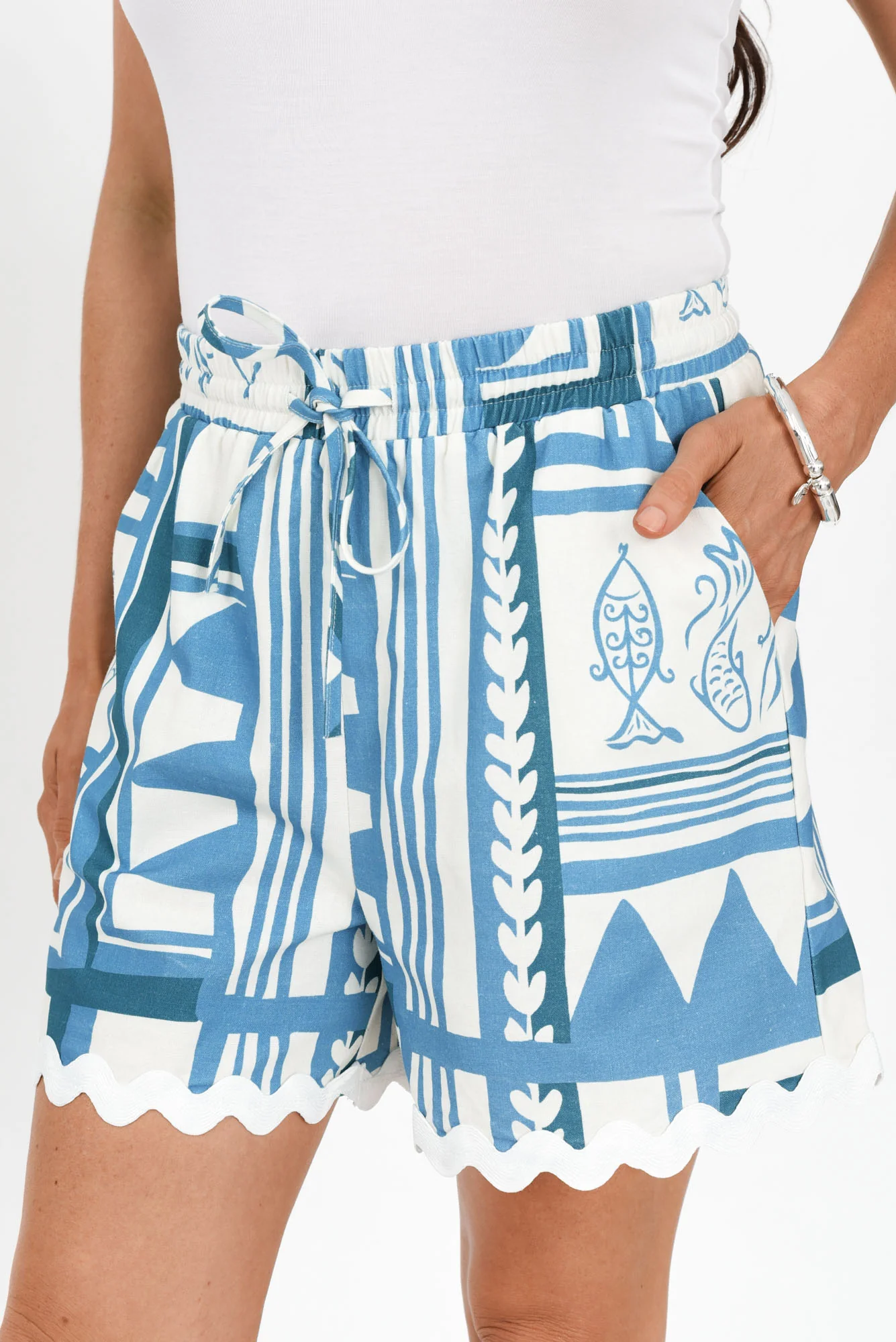 Tazia Blue Sea Linen Blend Shorts