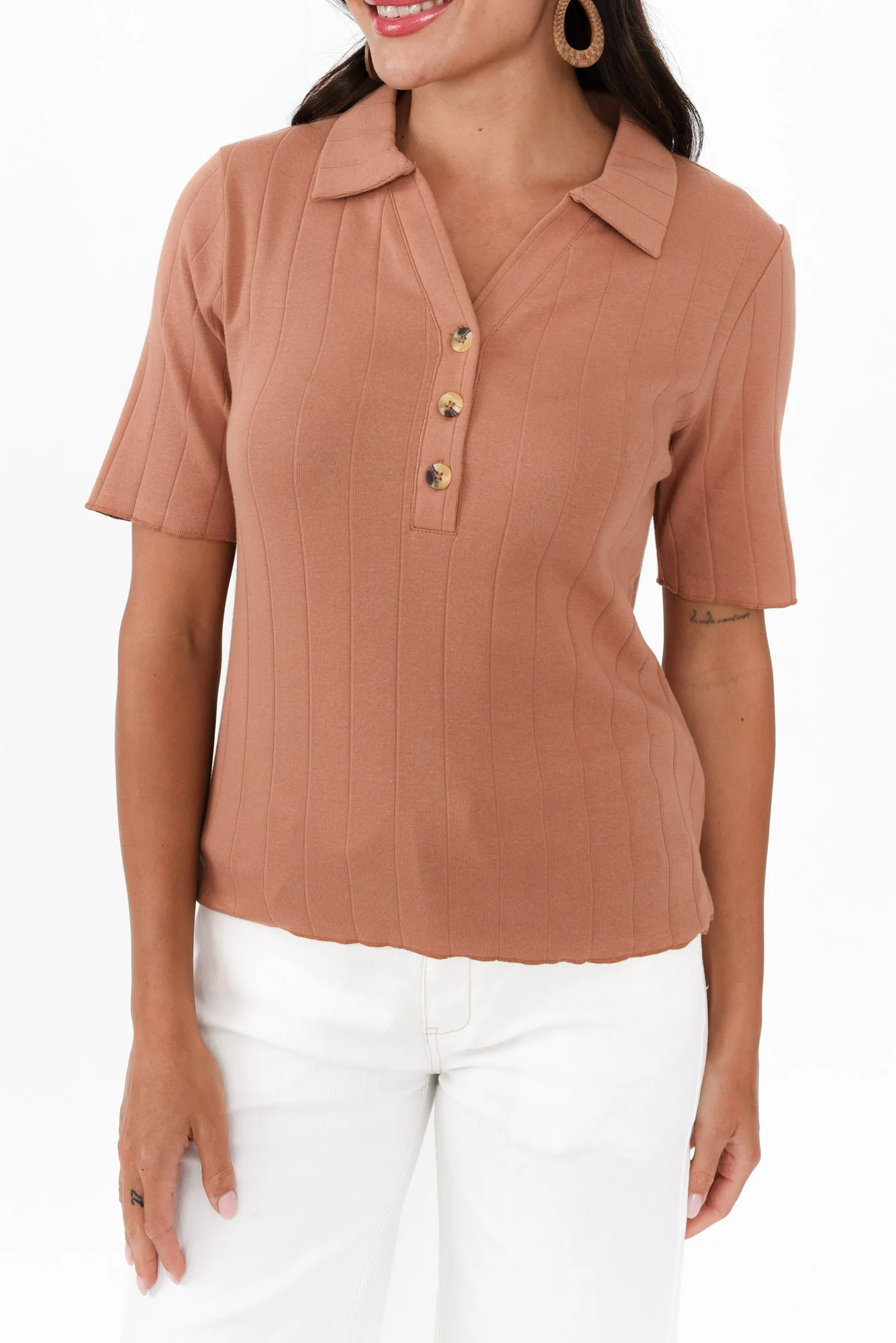Novi Mocha Cotton Blend Ribbed Top