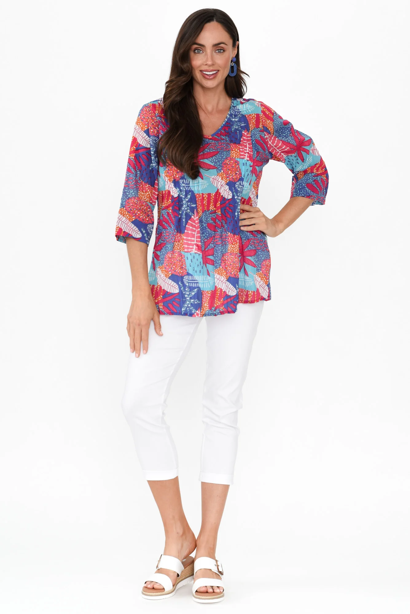 Fia Blue Leaf Sleeved Crinkle Cotton Top