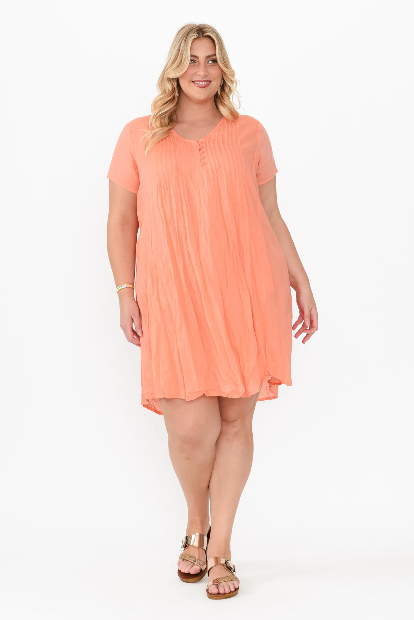 Sabina Peach Crinkle Cotton Dress