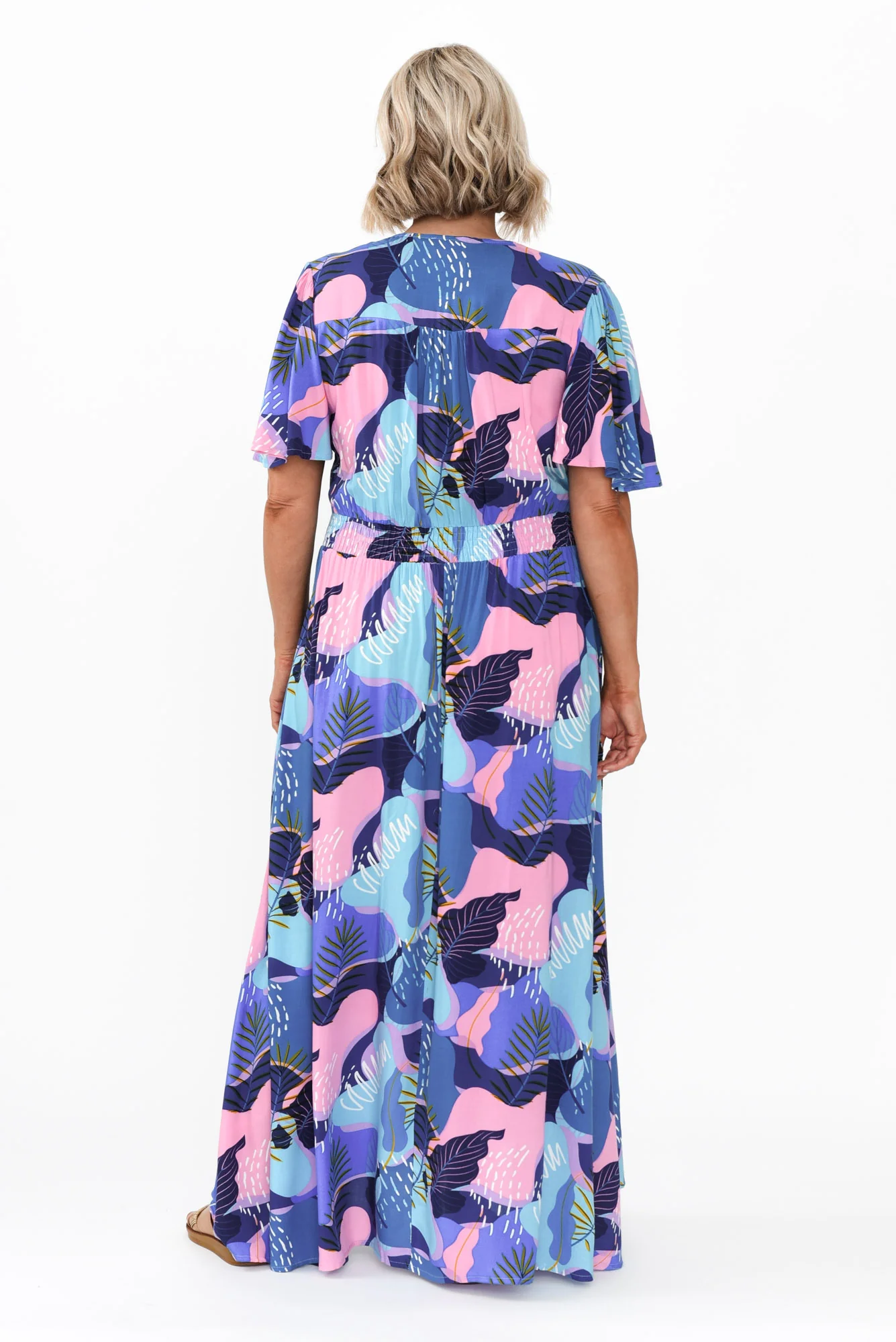 Ora Blue Abstract Flutter Sleeve Dress