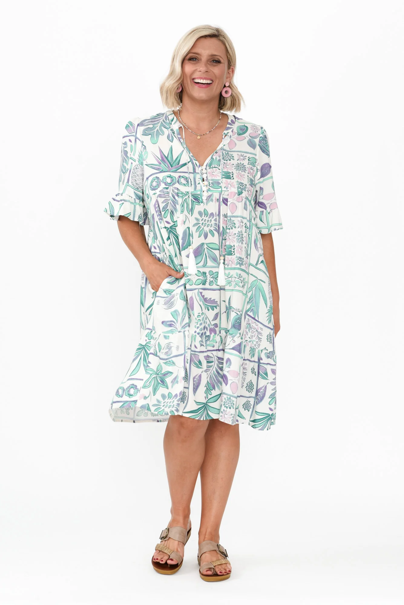 Zorita White Tropical Frill Sleeve Dress