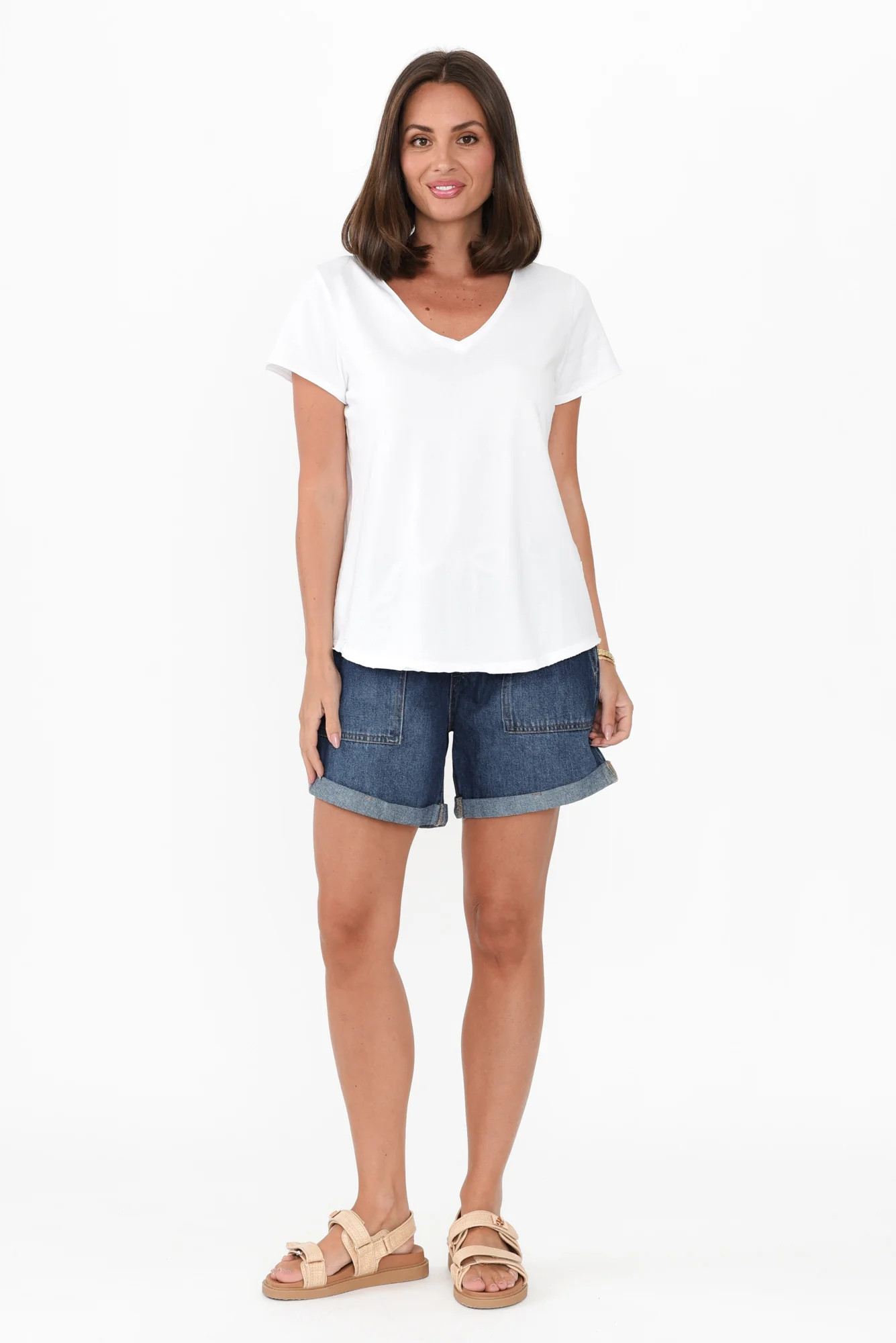 Maggie White Cotton Vee Tee
