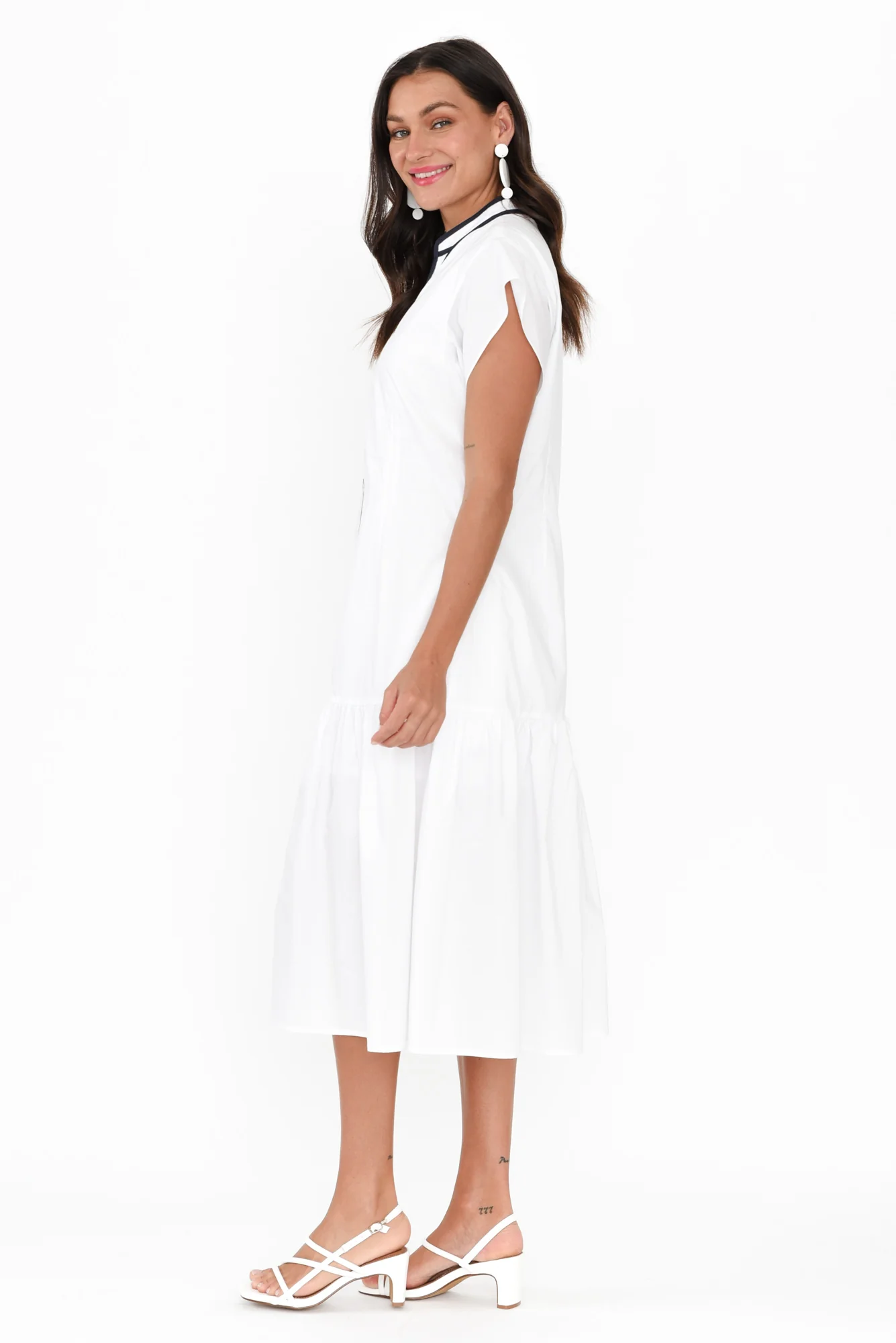 Mari White Contrast Cotton Tie Dress