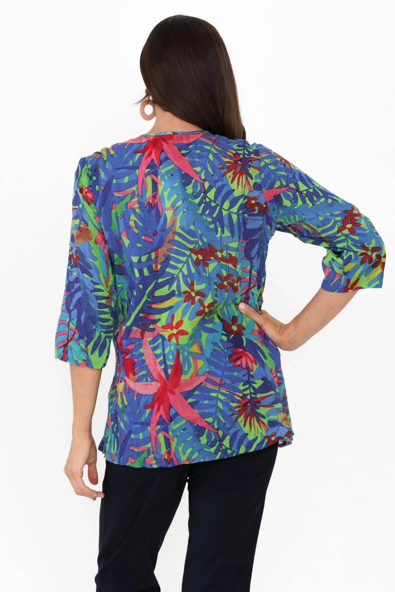 Fia Blue Jungle Sleeved Crinkle Cotton Top