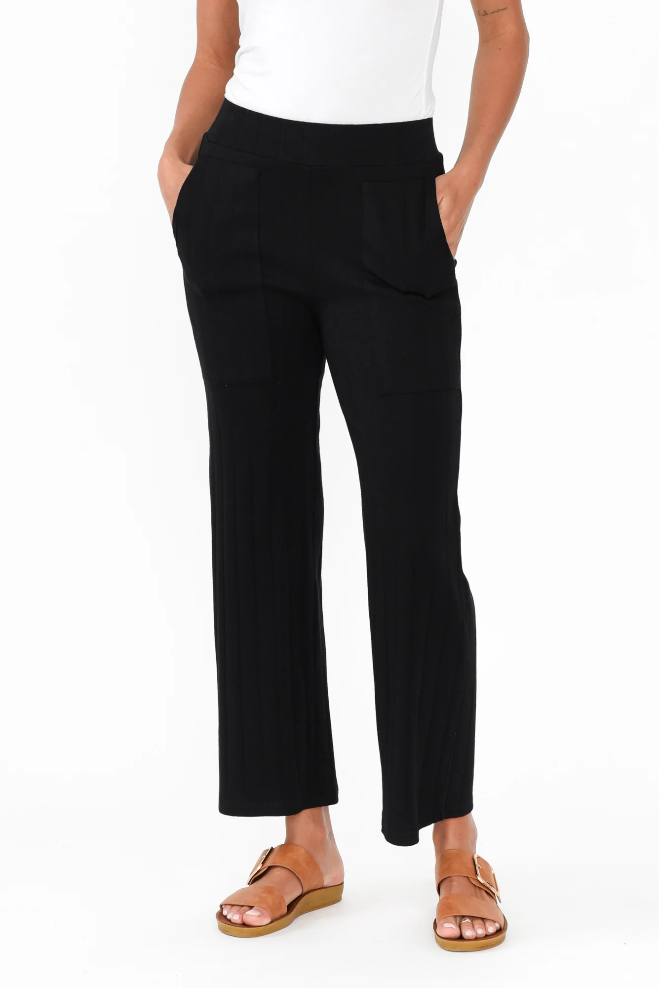 Lacy Black Cotton Blend Ribbed Pants
