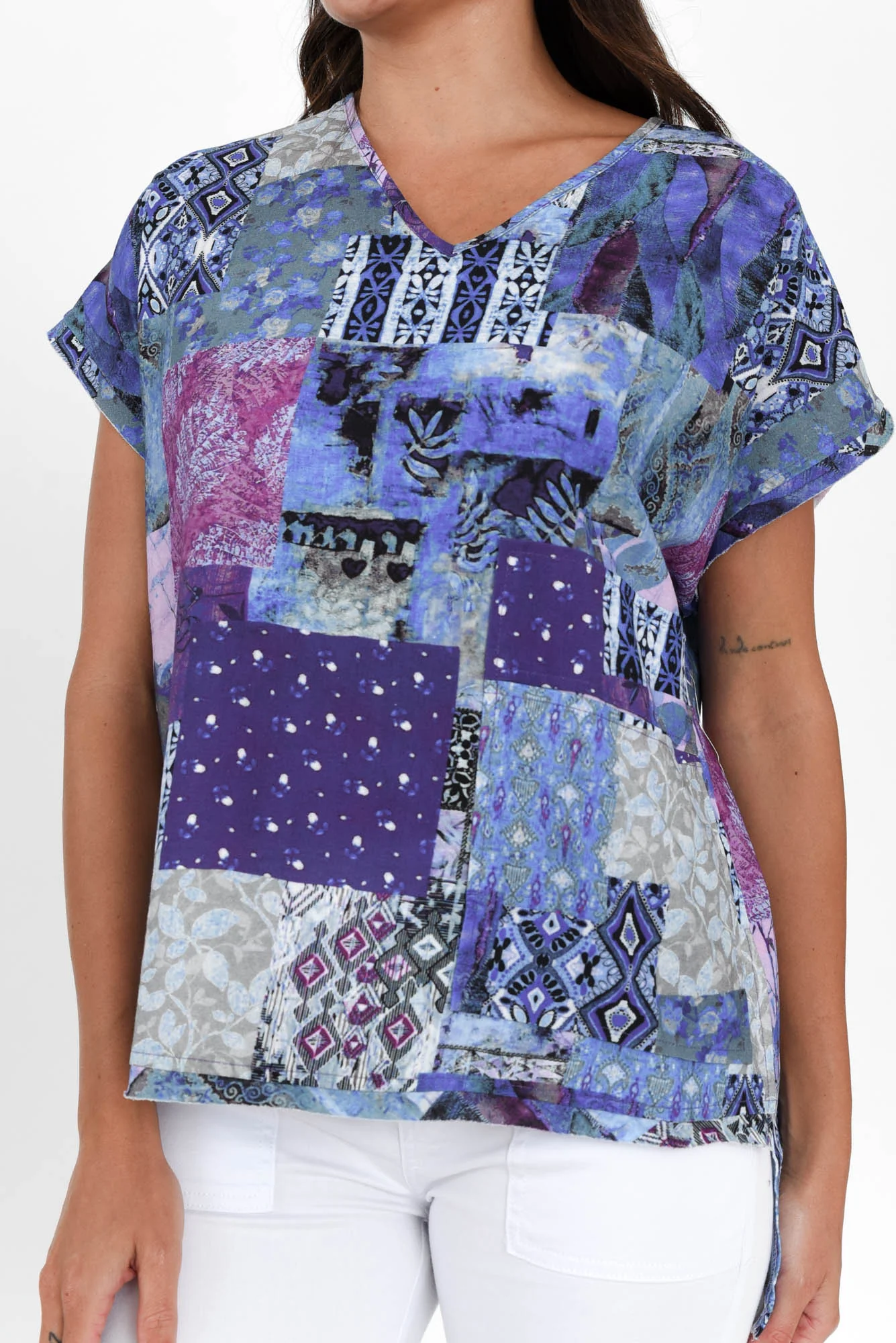 Terassa Blue Abstract Linen Blend Top