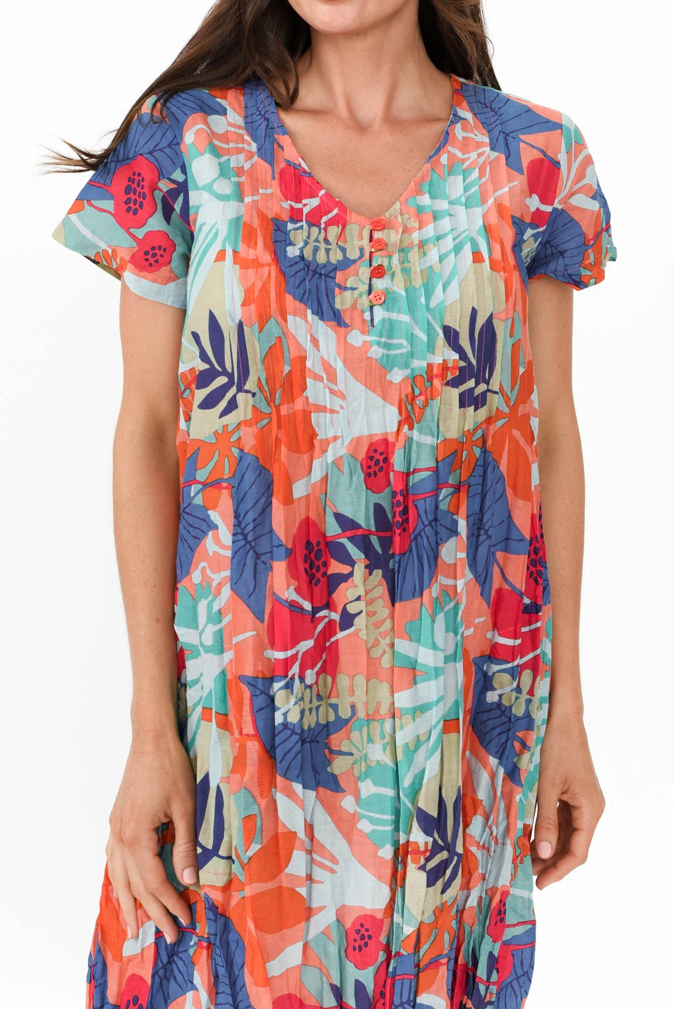 Sabina Peach Floral Crinkle Cotton Dress