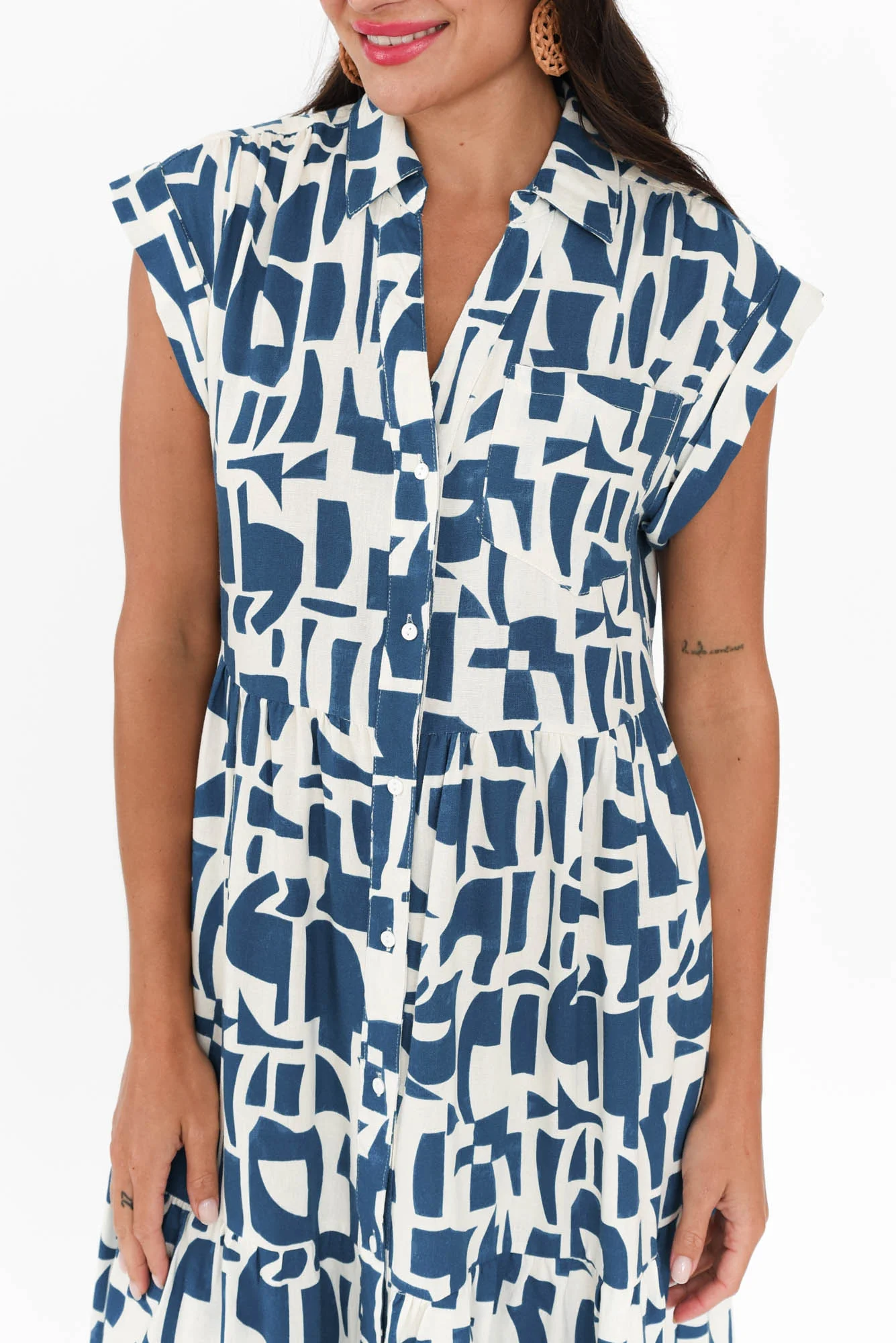Zurich Blue Geo Collared Tier Dress