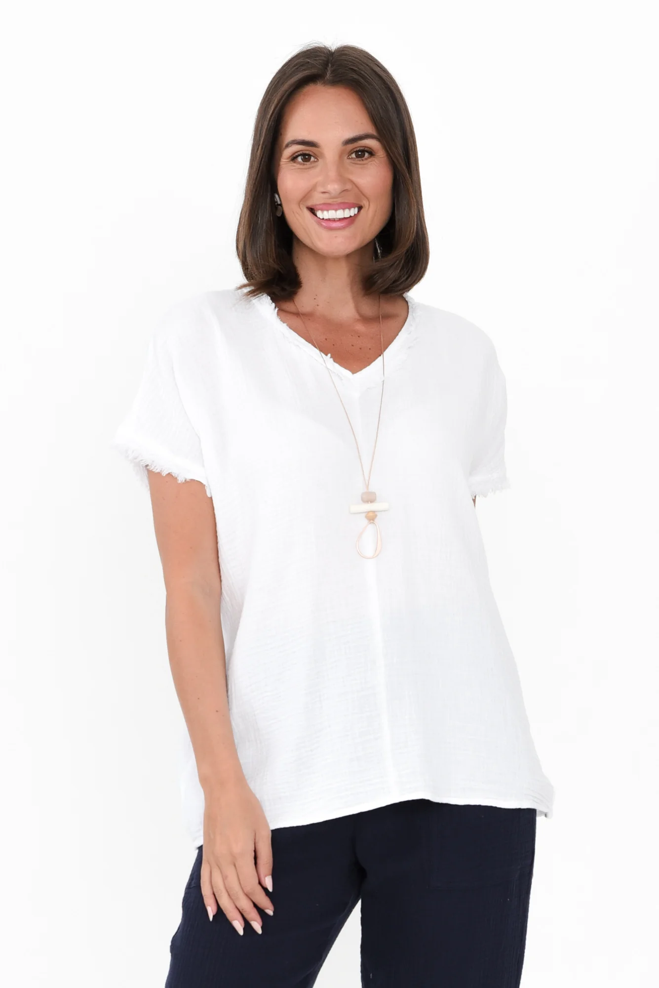 Haltia White Cotton Cheesecloth V Neck Top