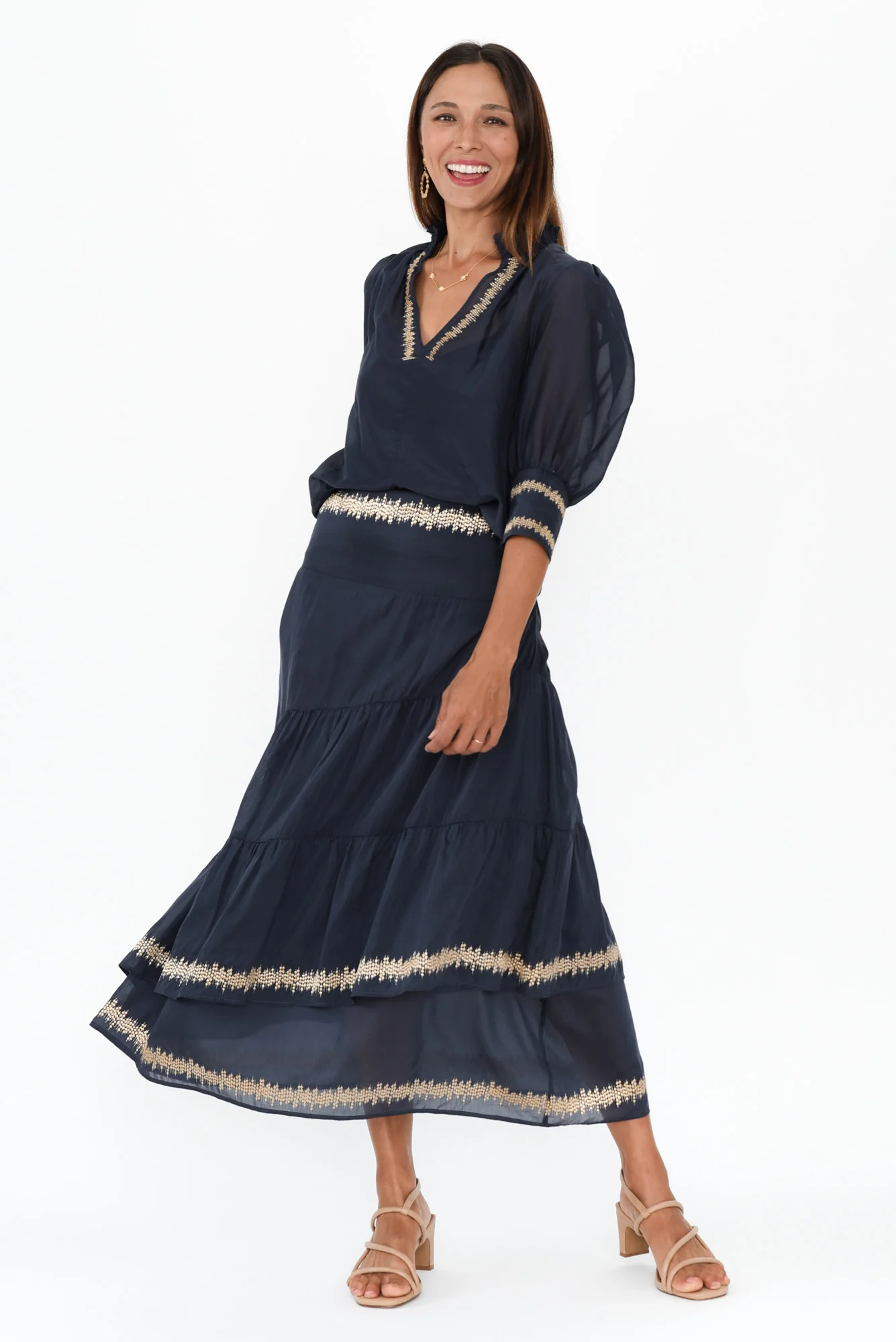 Mustique Ink Cotton Silk Embroidered Top