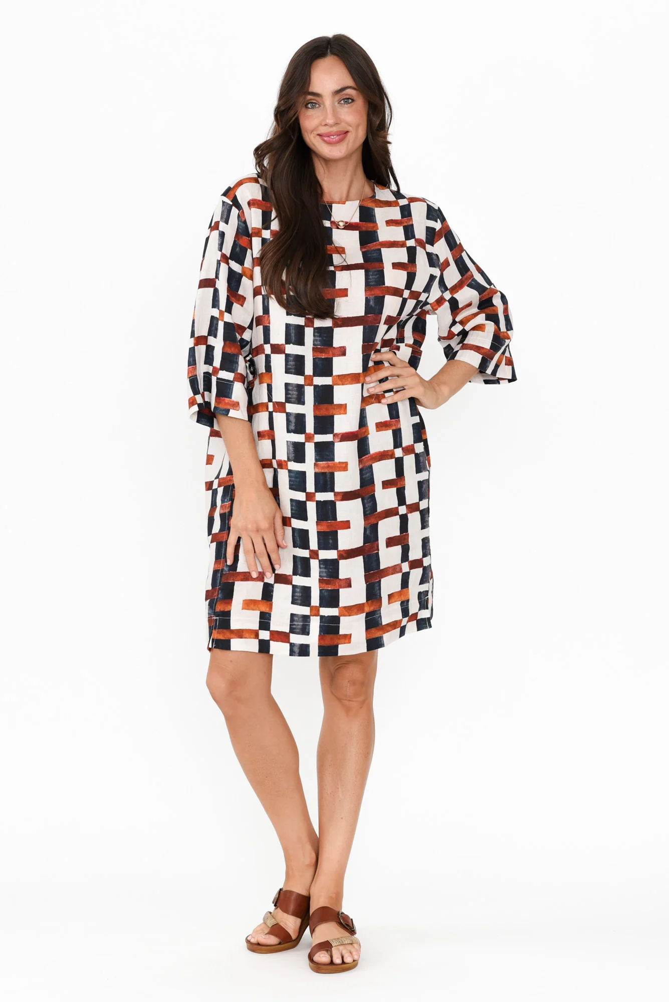 Stiles Brown Geo Linen Belted Dress