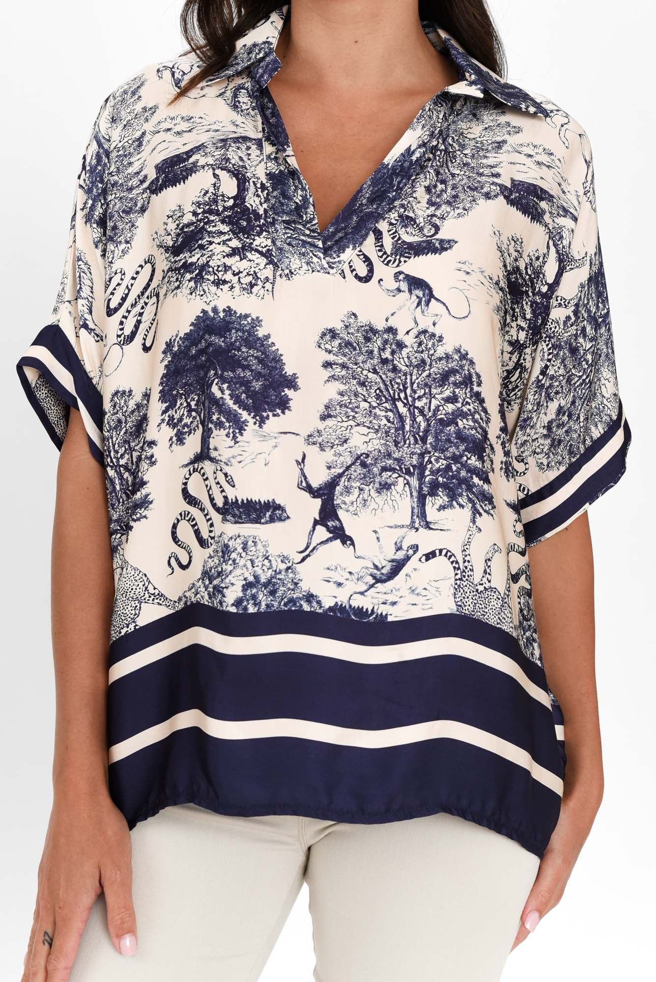 Cosima Navy Garden Silk Blend Top