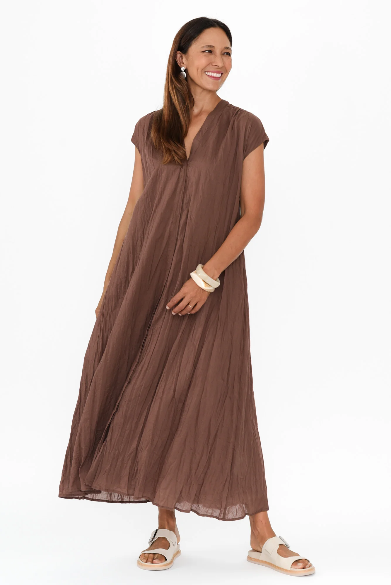 Octavia Chocolate Crinkle Cotton Button Dress