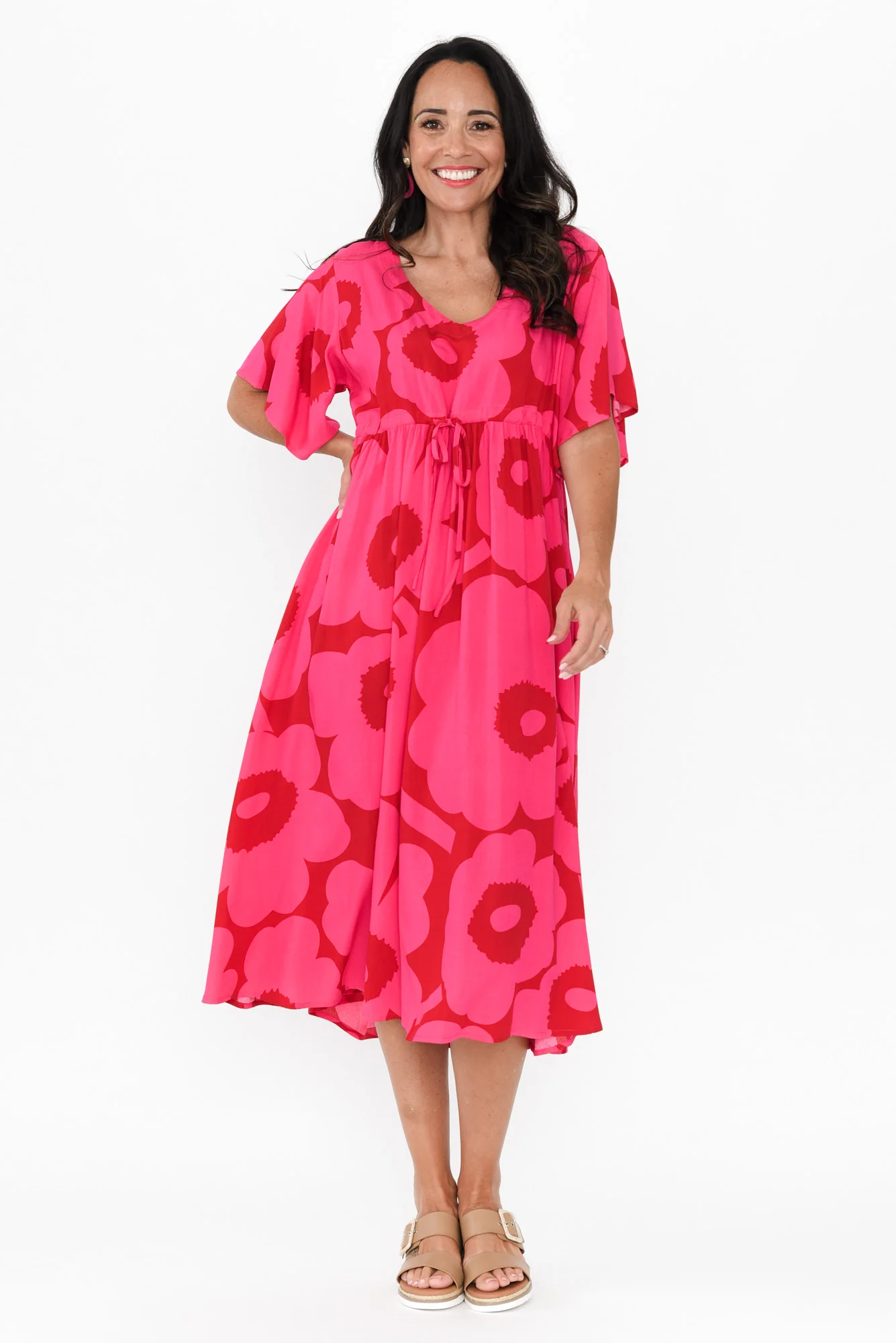 Jennifer Pink Flower Flutter Sleeve Dress