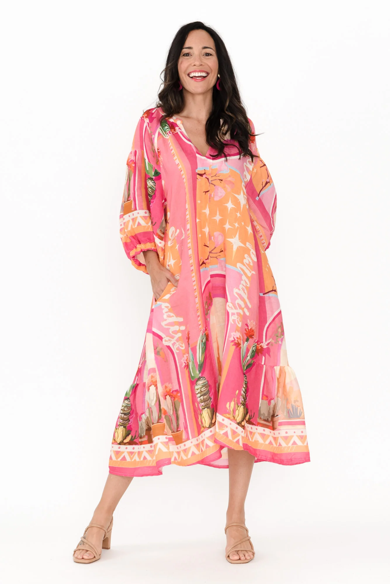 Deneva Pink Cactus Linen Dress