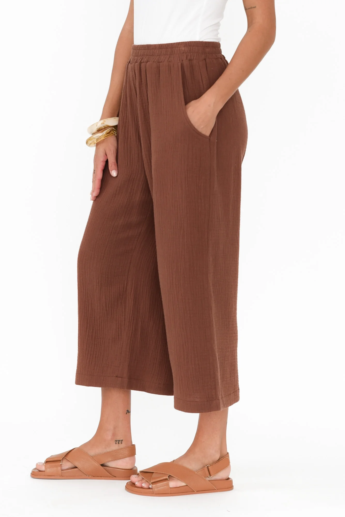 Hobart Mocha Cotton Cheesecloth Cropped Pants