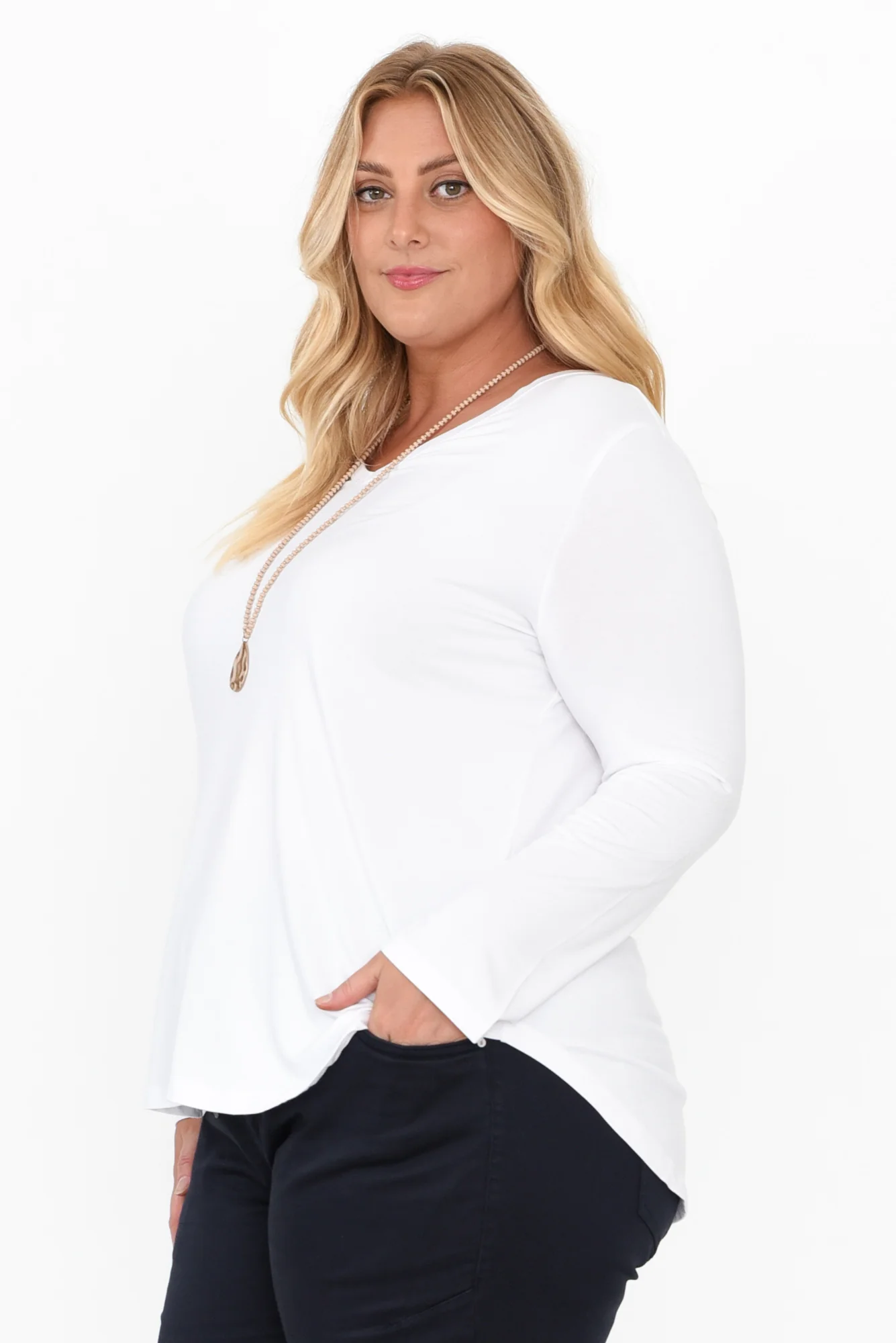 Sia White Bamboo V Neck Top