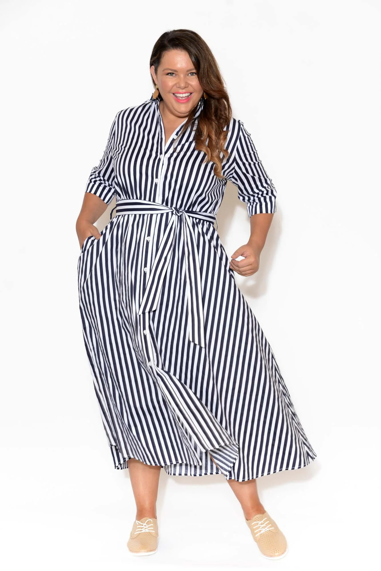 Grace Navy Stripe Cotton Poplin Dress