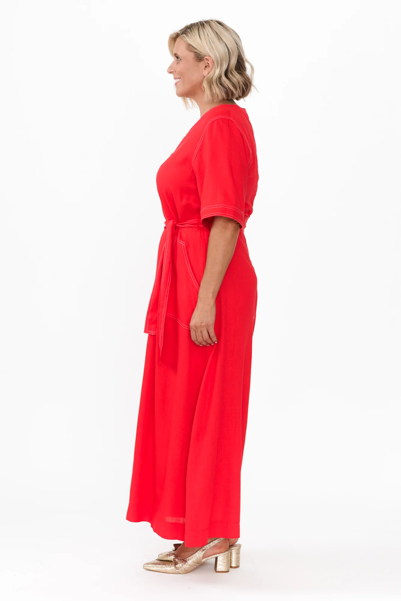 Navarra Red Contrast Linen Blend Dress