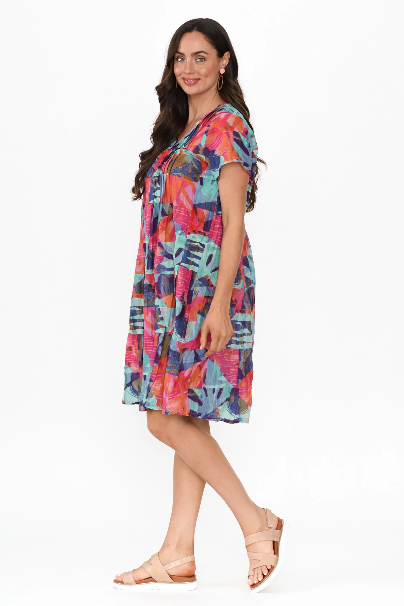Sabina Fuchsia Geo Crinkle Cotton Dress