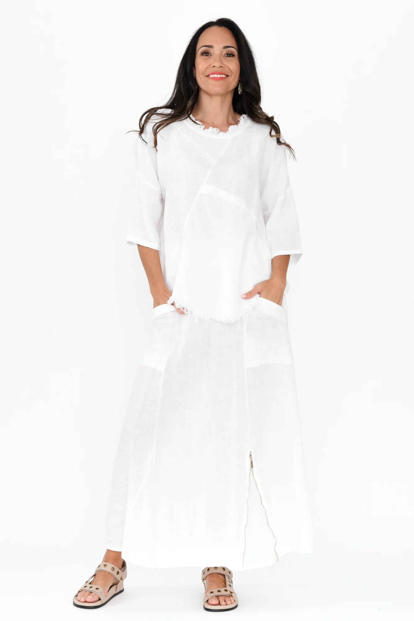 Ani White Linen Pocket Maxi Skirt