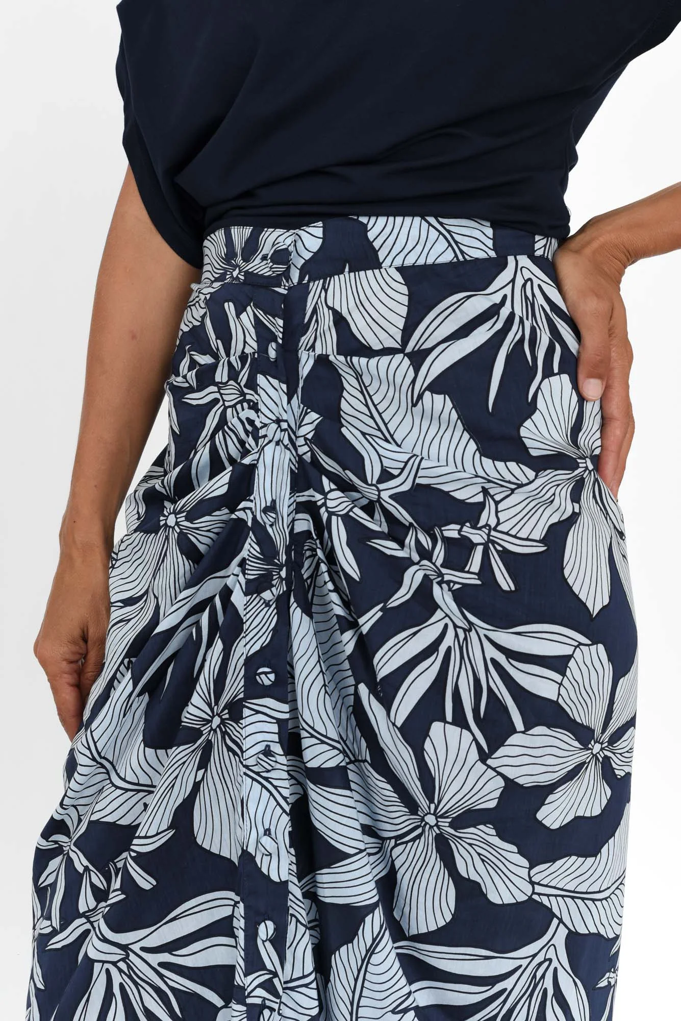 Treston Blue Tropical Cotton Gathered Skirt