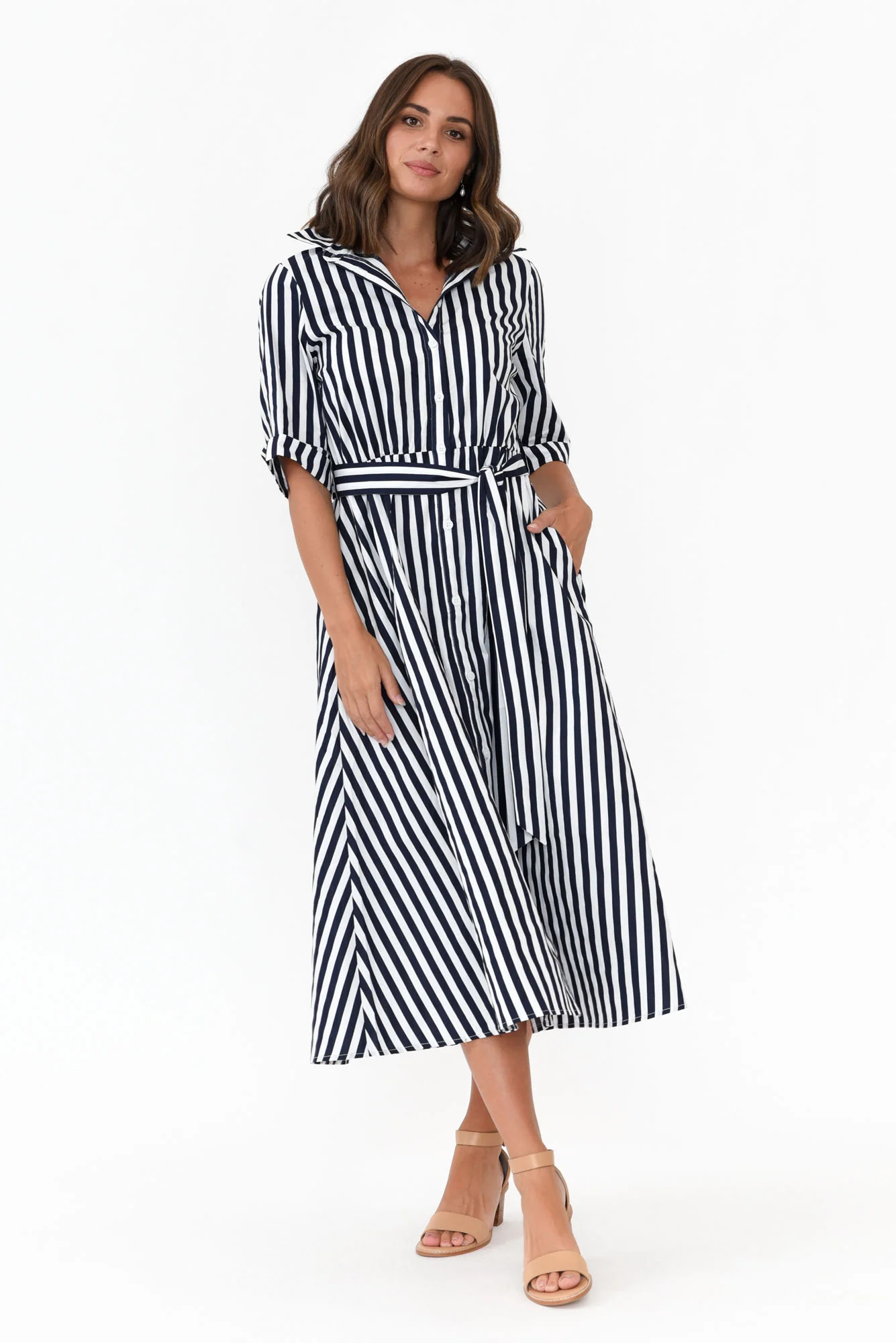 Grace Navy Stripe Cotton Poplin Dress