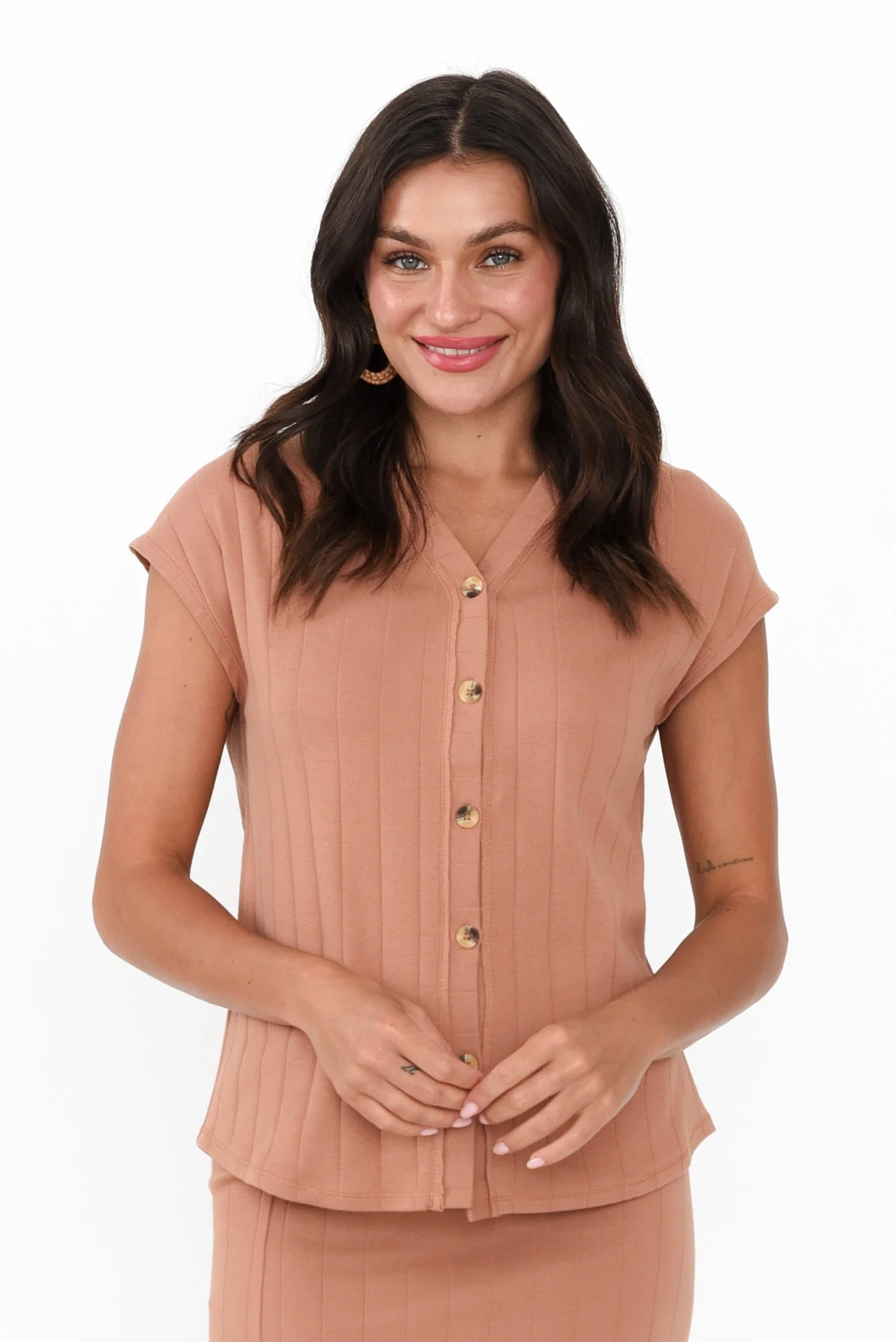 Dori Mocha Cotton Blend Ribbed Top