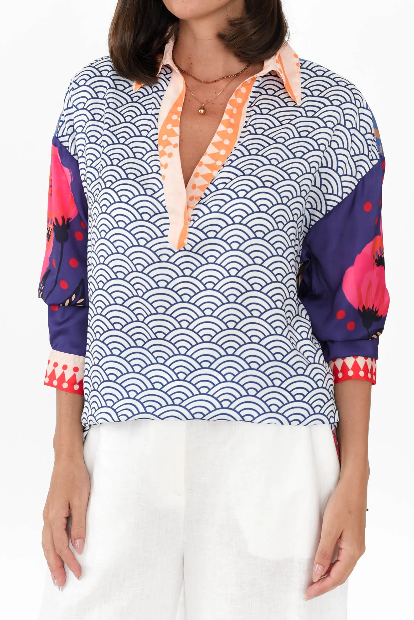 Suzy Navy Geo V Neck Shirt