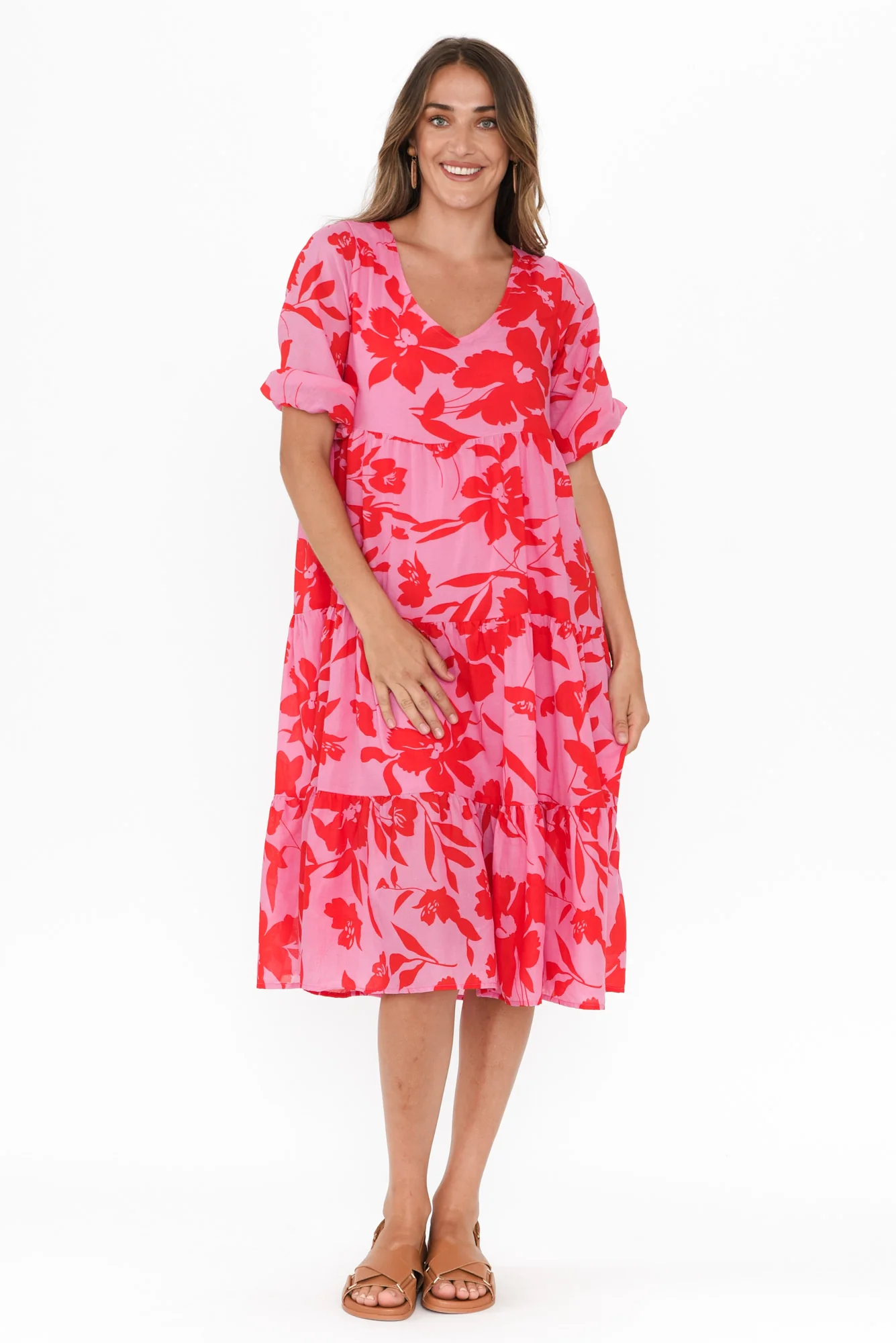Cecca Pink Floral Cotton Tier Dress