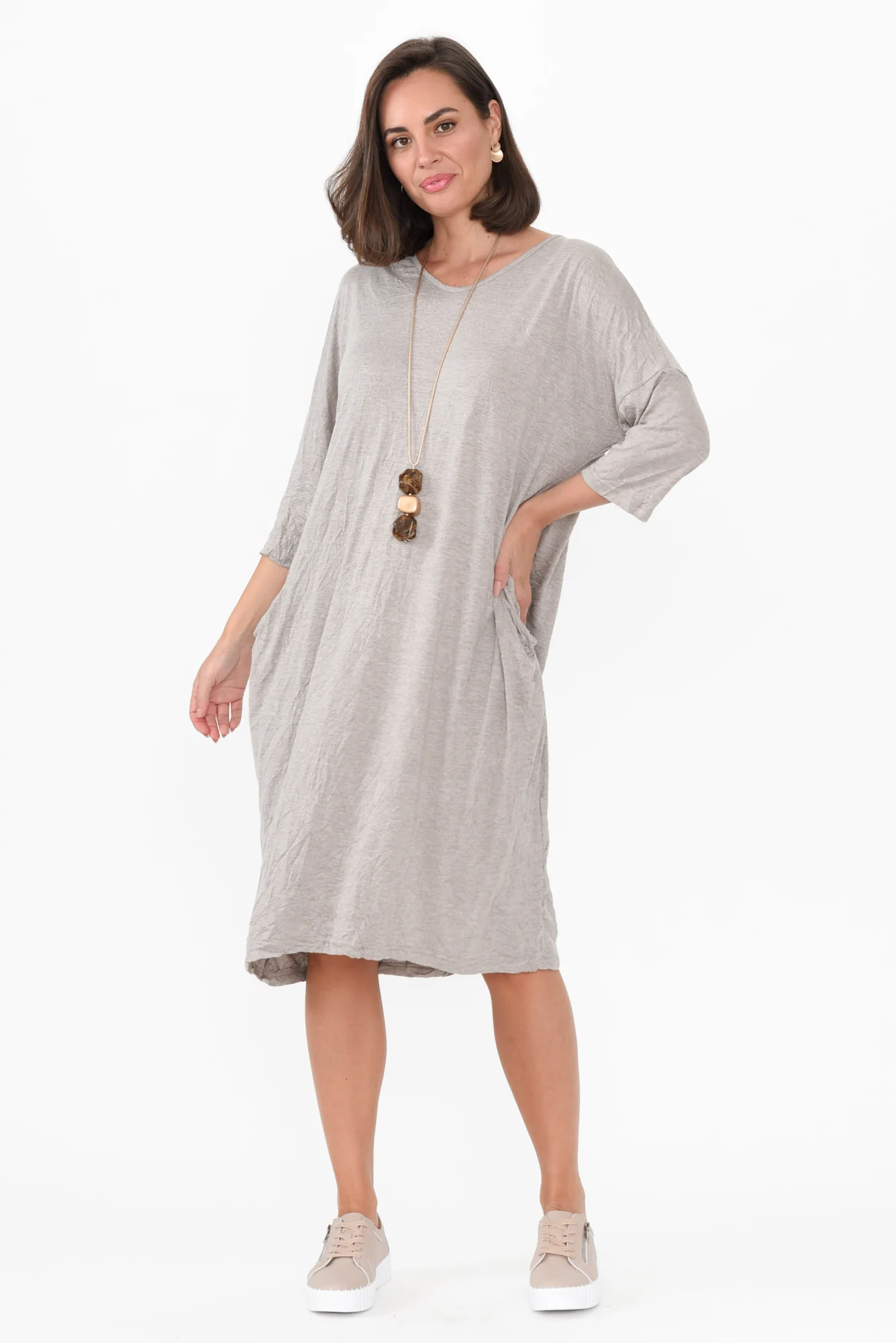 Travel Oat Crinkle Cotton Sleeved Dress