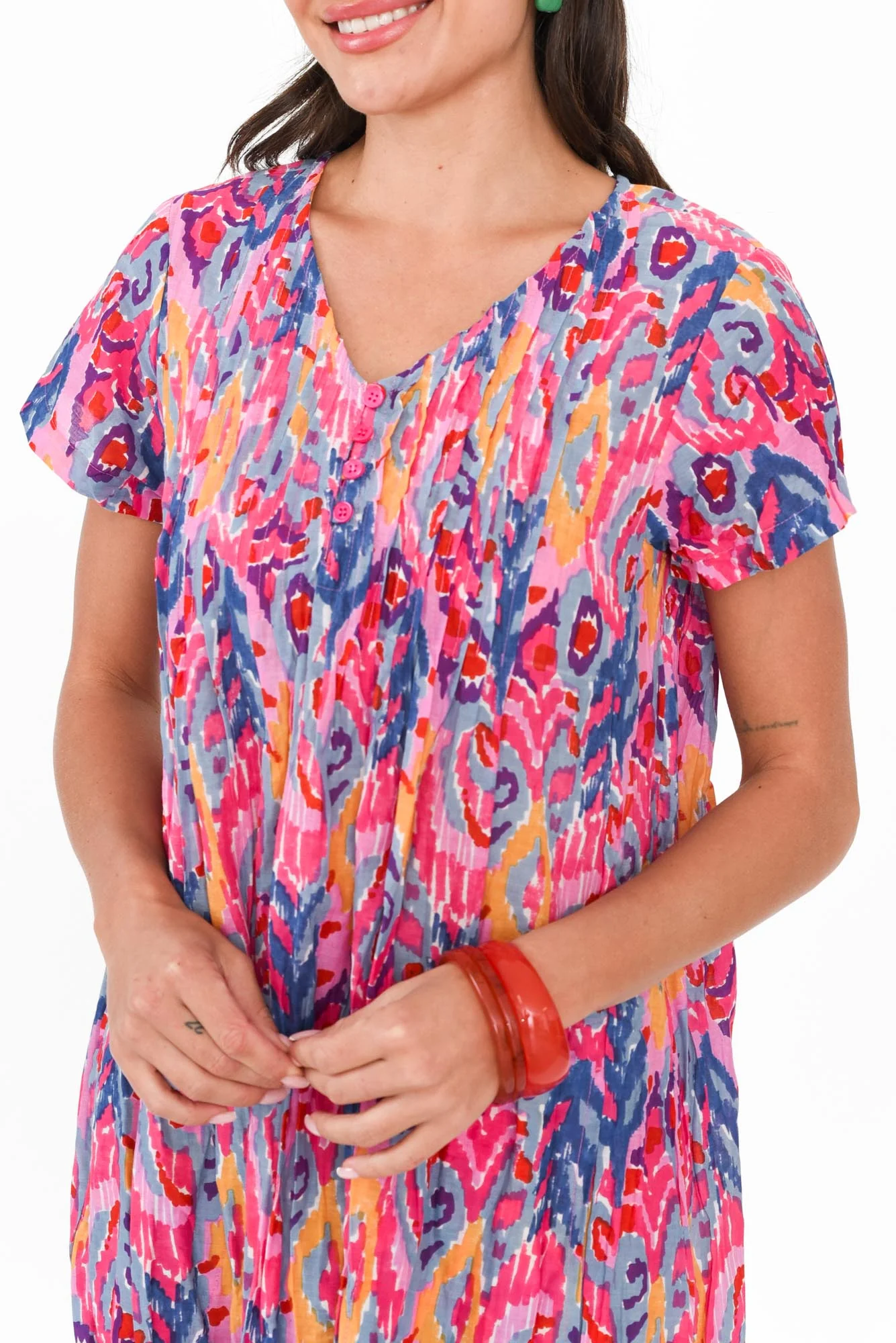 Sabina Pink Motif Crinkle Cotton Dress