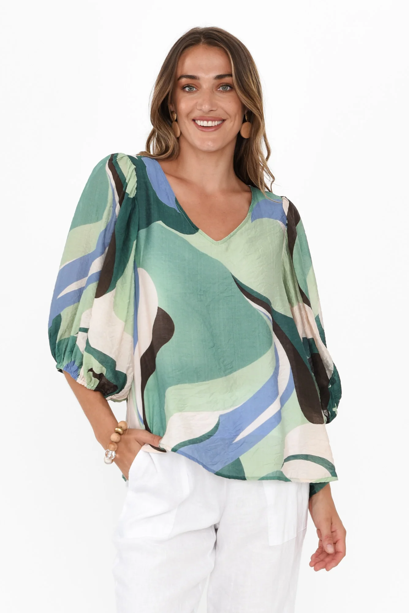 Misma Green Swirl V Neck Top