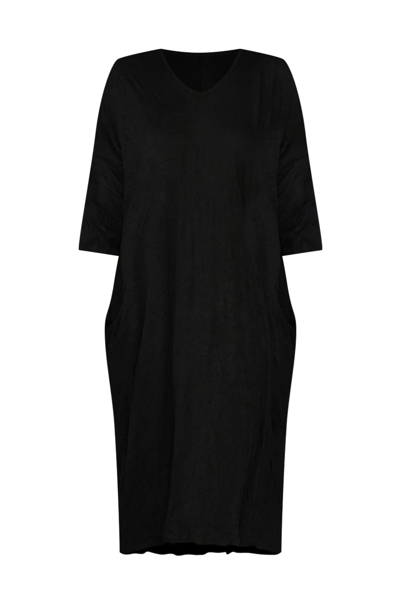 Travel Black Crinkle Cotton Sleeved Dress
