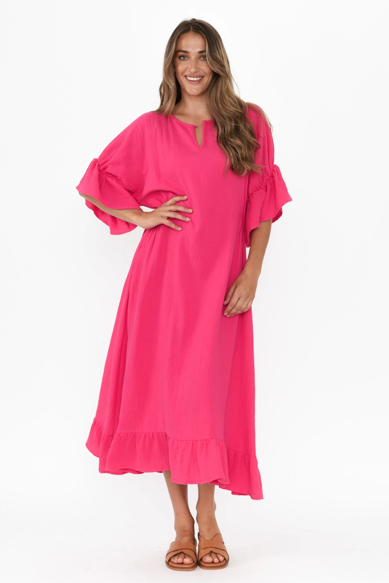 Lesi Fuchsia Cotton Cheesecloth Frill Dress