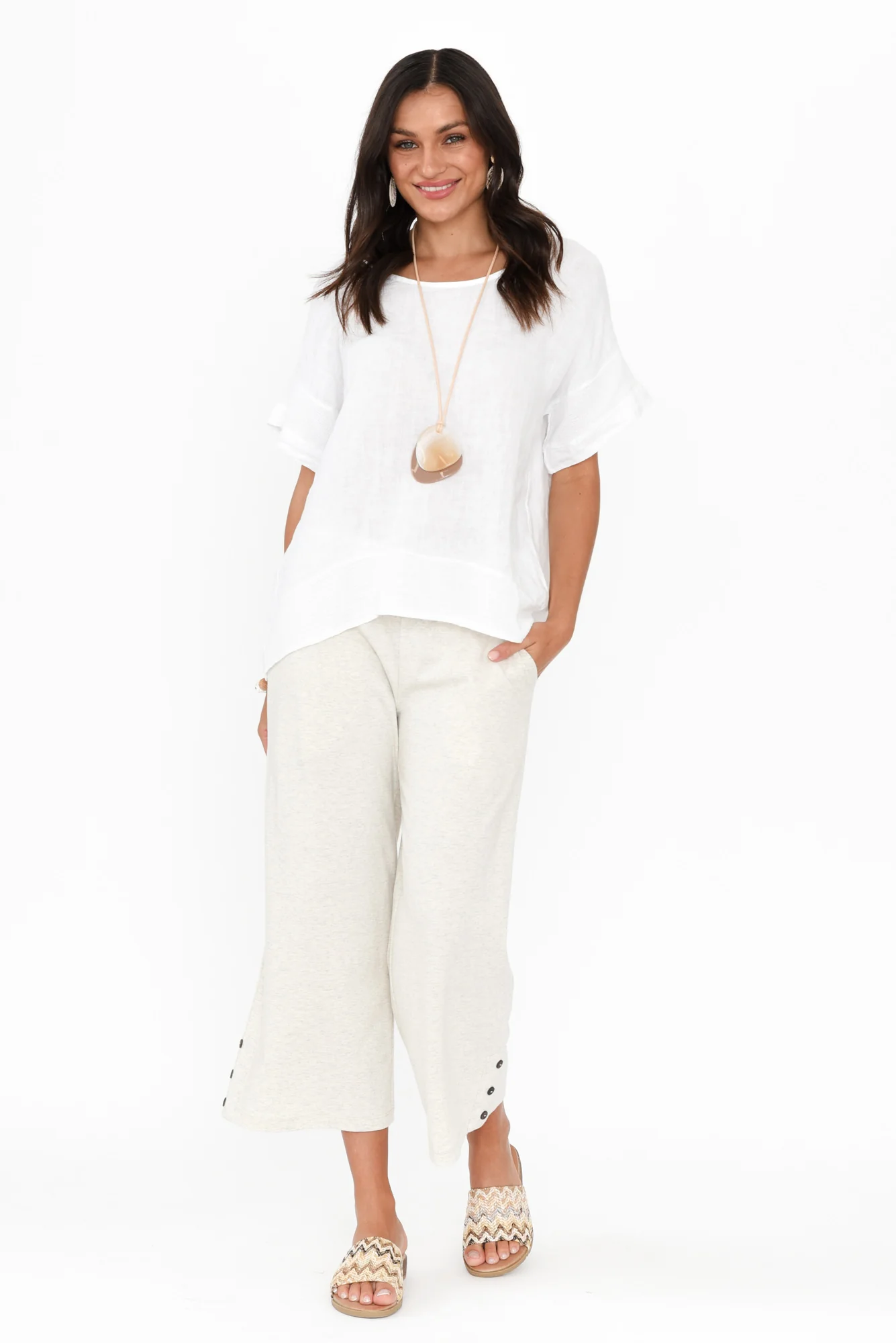 Eliana Grey Marle Cotton Shirred Cropped Pants