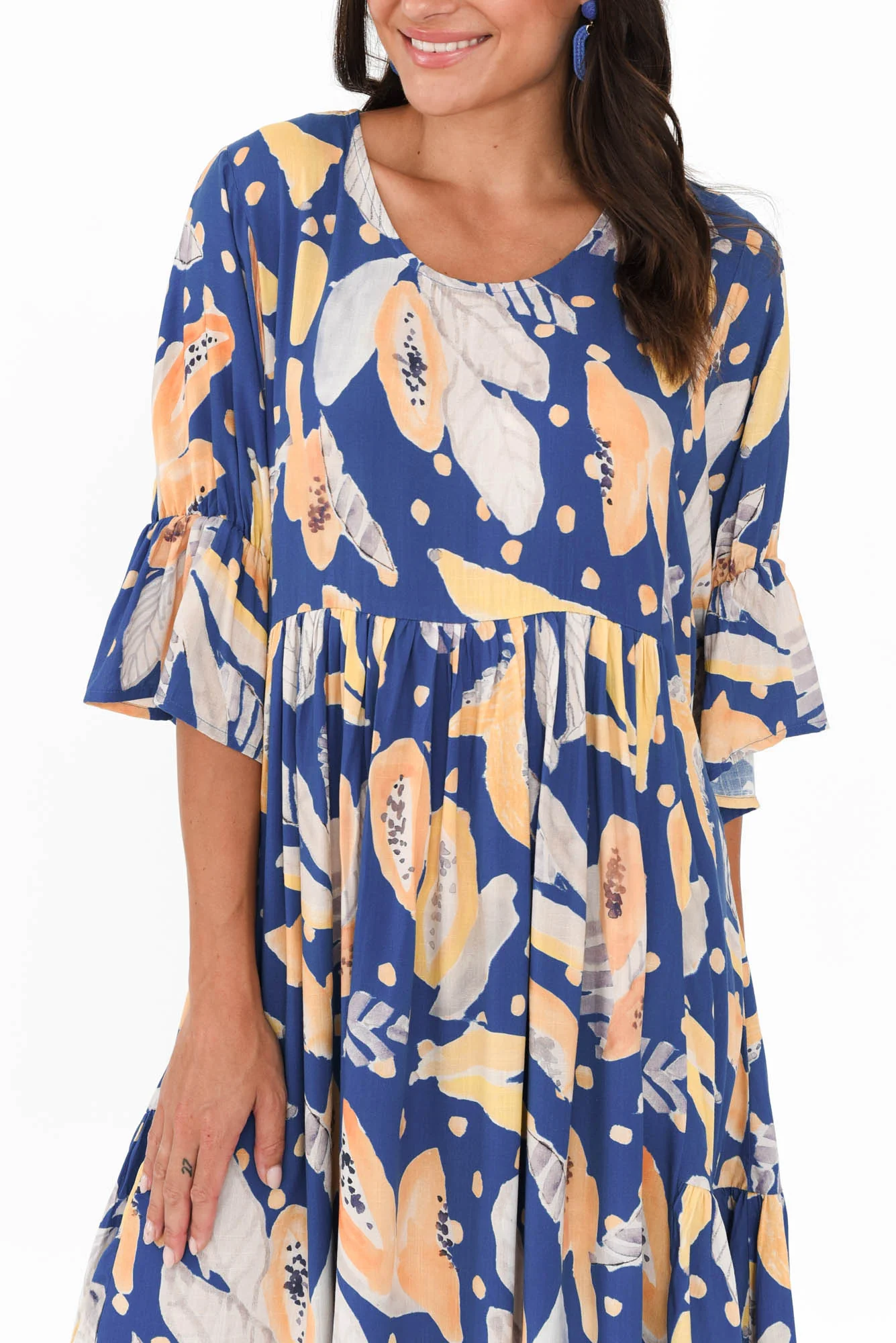 Ivana Blue Fruity Frill Sleeve Dress
