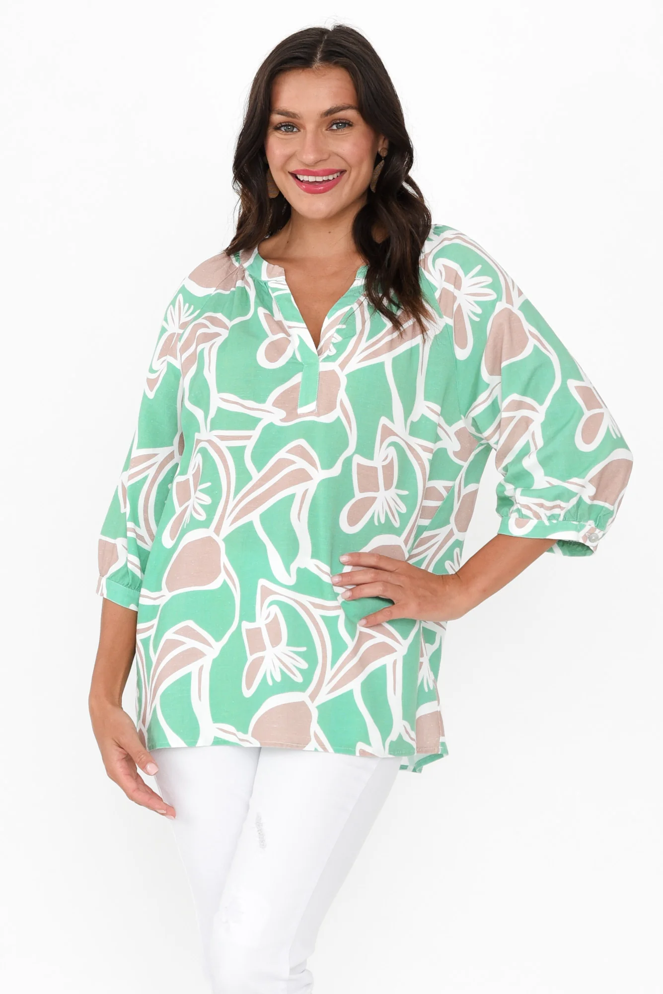 Noosa Green Abstract Linen Blend Top
