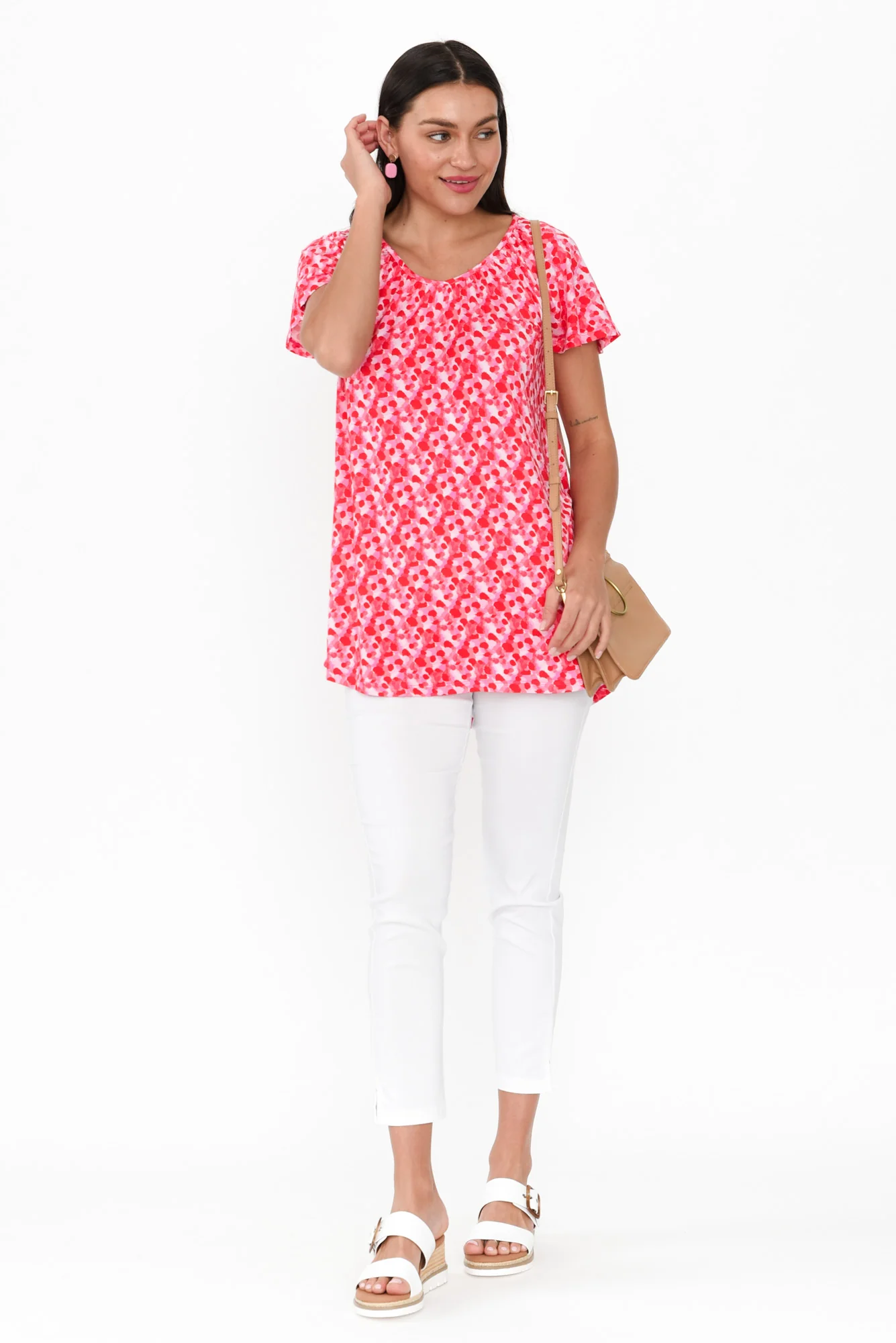 Cora Pink Spot Bamboo Blend Shirred Top