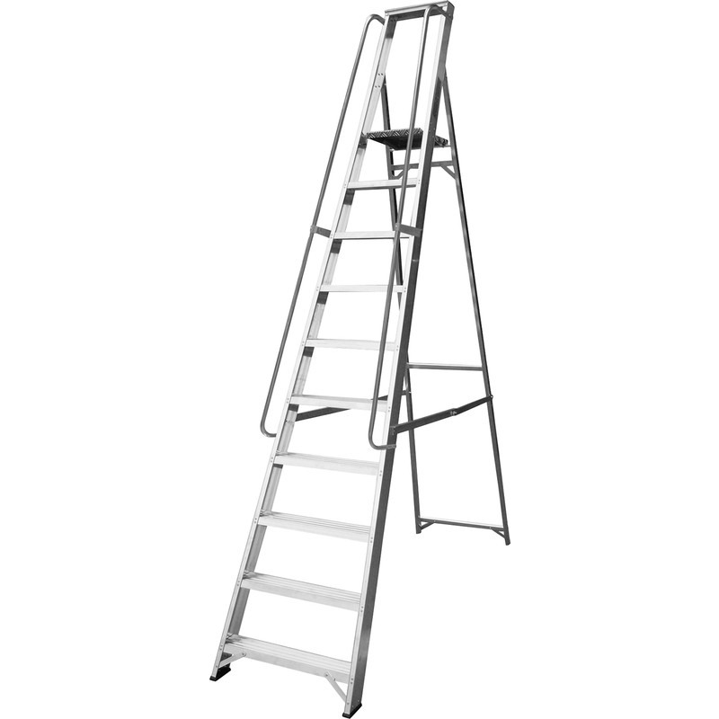 Lyte Industrial Platform Aluminium Step Ladder With Safety Handrail, 10 Tread, Closed Length 3.01m