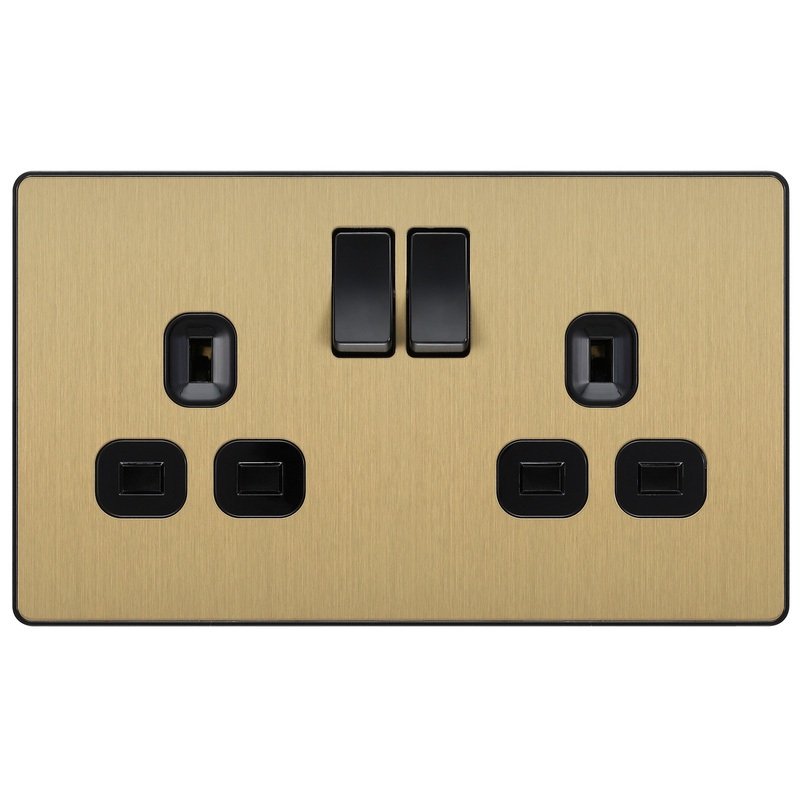 BG Evolve Brushed Brass (Black Ins) Double Switched 13A Power Socket