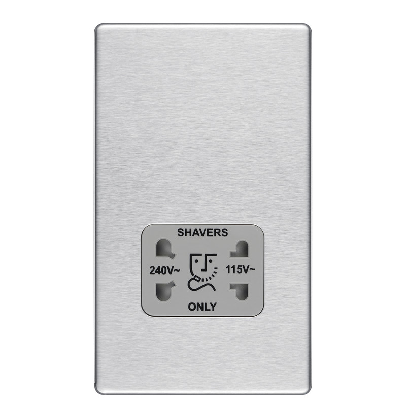 BG Screwless Flat Plate Brushed Stainless Steel Shaver Socket Dual Voltage 115/230V