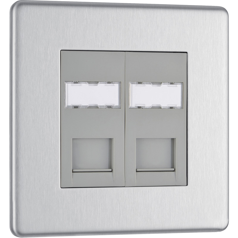 BG Screwless Flat Plate Brushed S/S RJ45 Outlet 2 Gang