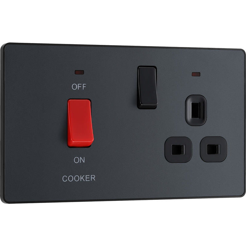 BG Evolve Matt Grey (Black Ins) Cooker Control Socket, Double Pole Switch With Led Power Indicators